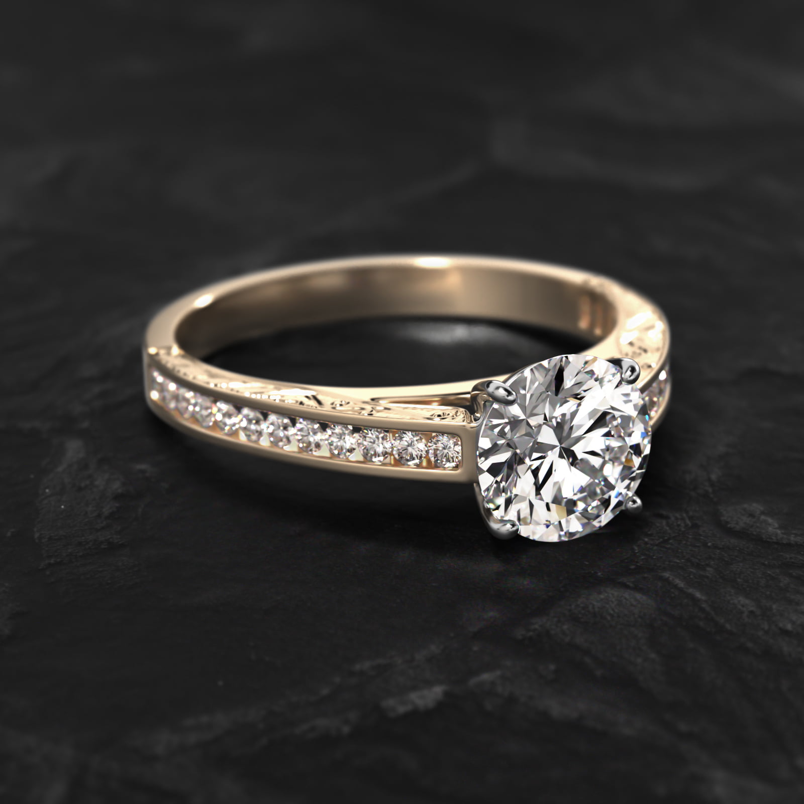 Engraved Engagement Ring With Channel Set Round Diamonds In 18K Yellow Gold