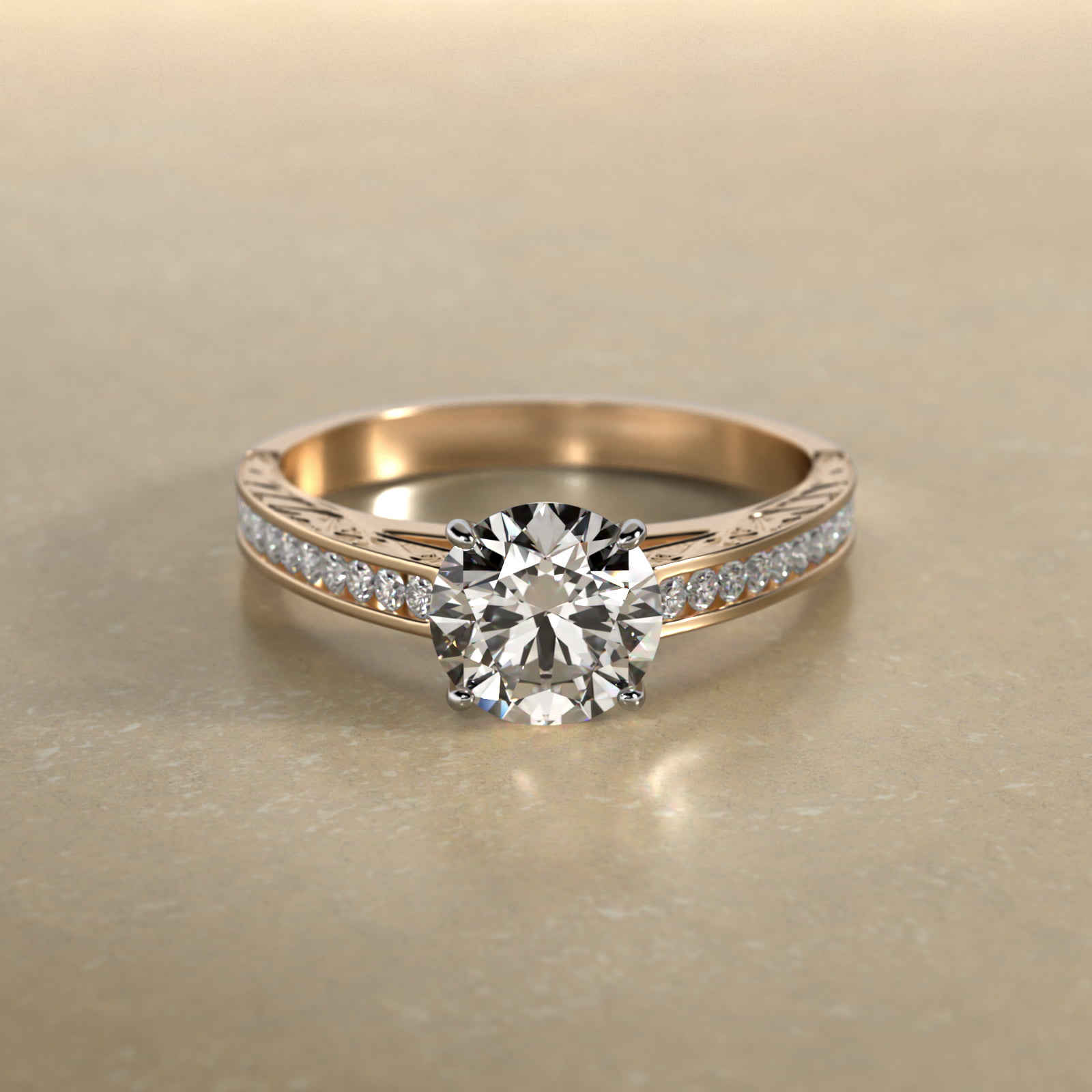 Engraved Engagement Ring With Channel Set Round Diamonds In 14K Yellow Gold