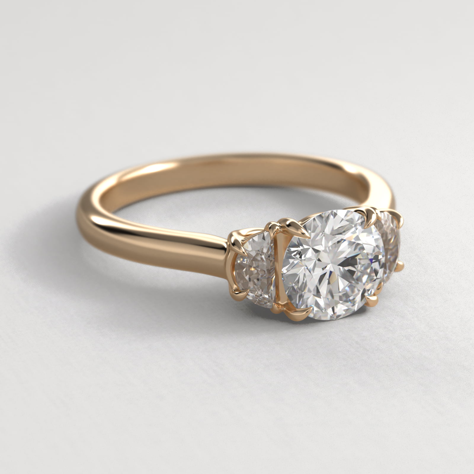 18K Yellow Gold Three Stone Round Trellis Engagement Ring