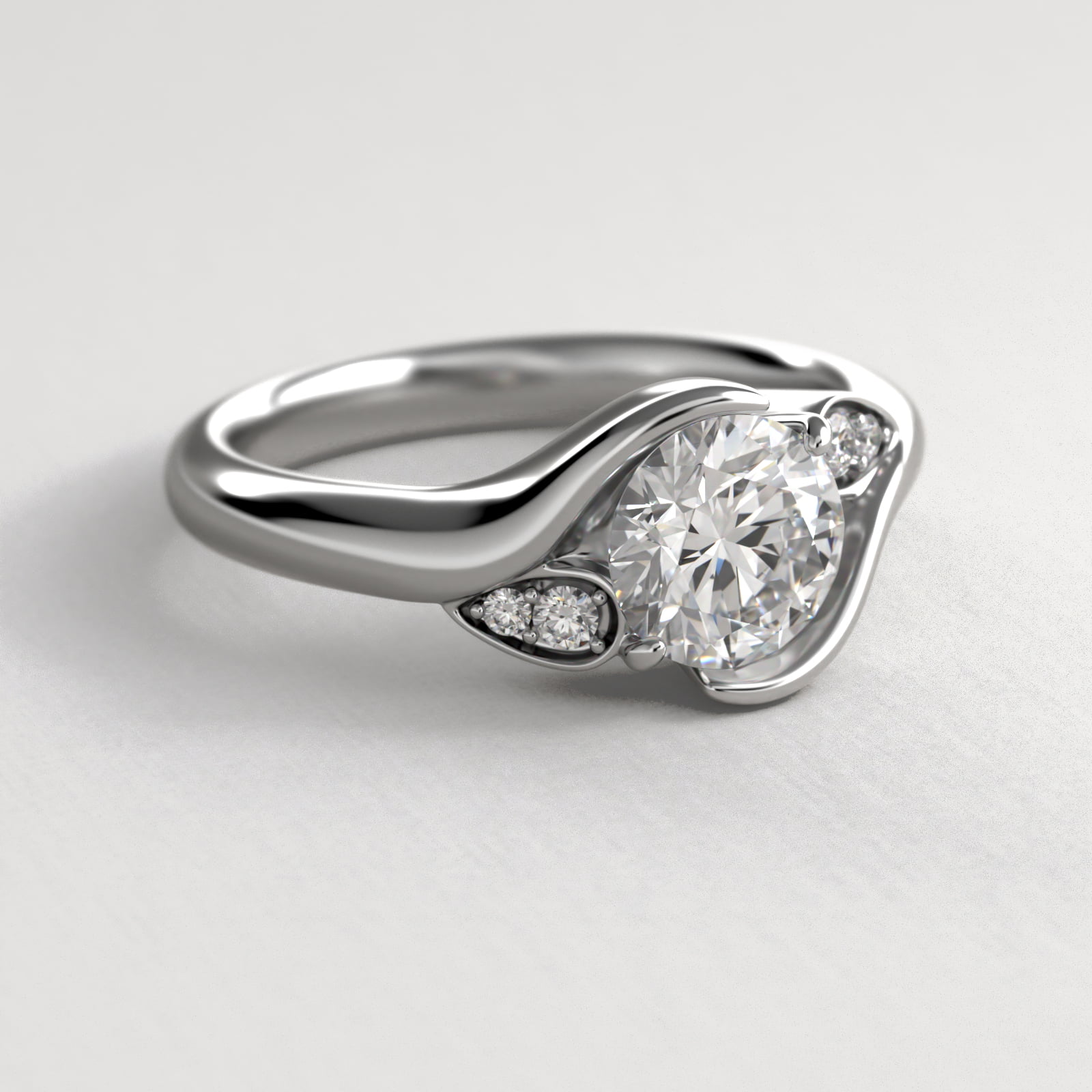 Modern Leaf Bypass Side Stone Diamond Engagement Ring In Platinum