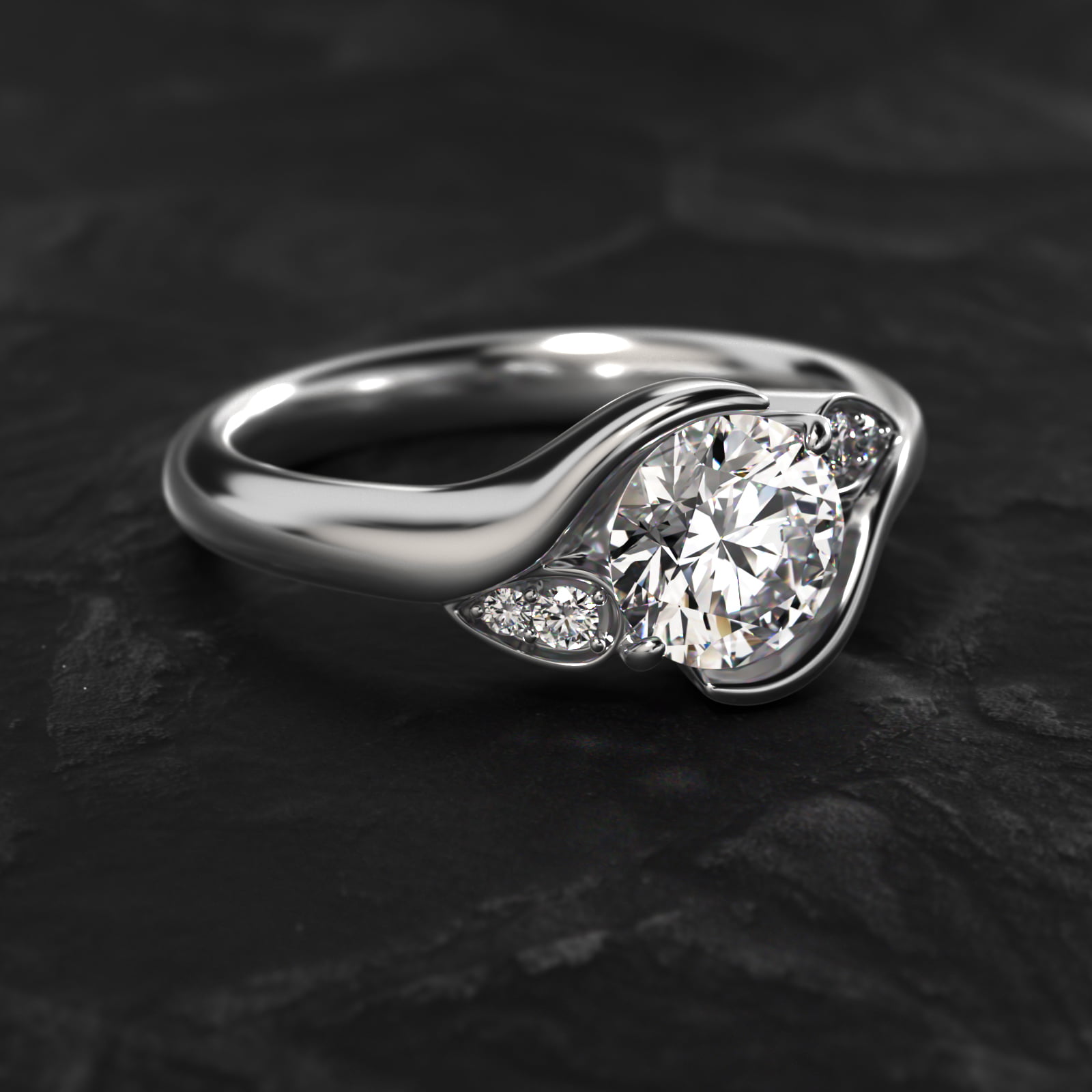 Modern Leaf Bypass Side Stone Diamond Engagement Ring In 18K White Gold