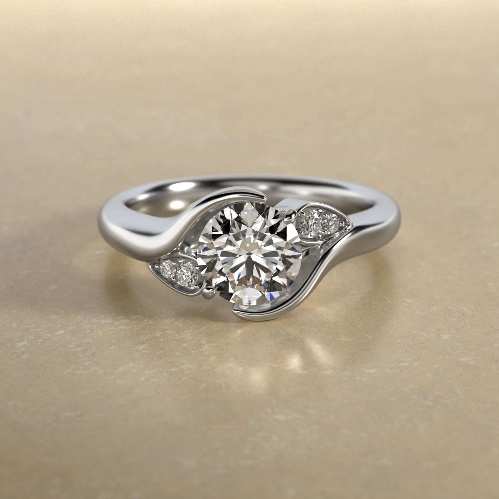 Modern Leaf Bypass Side Stone Diamond Engagement Ring In 14K White Gold