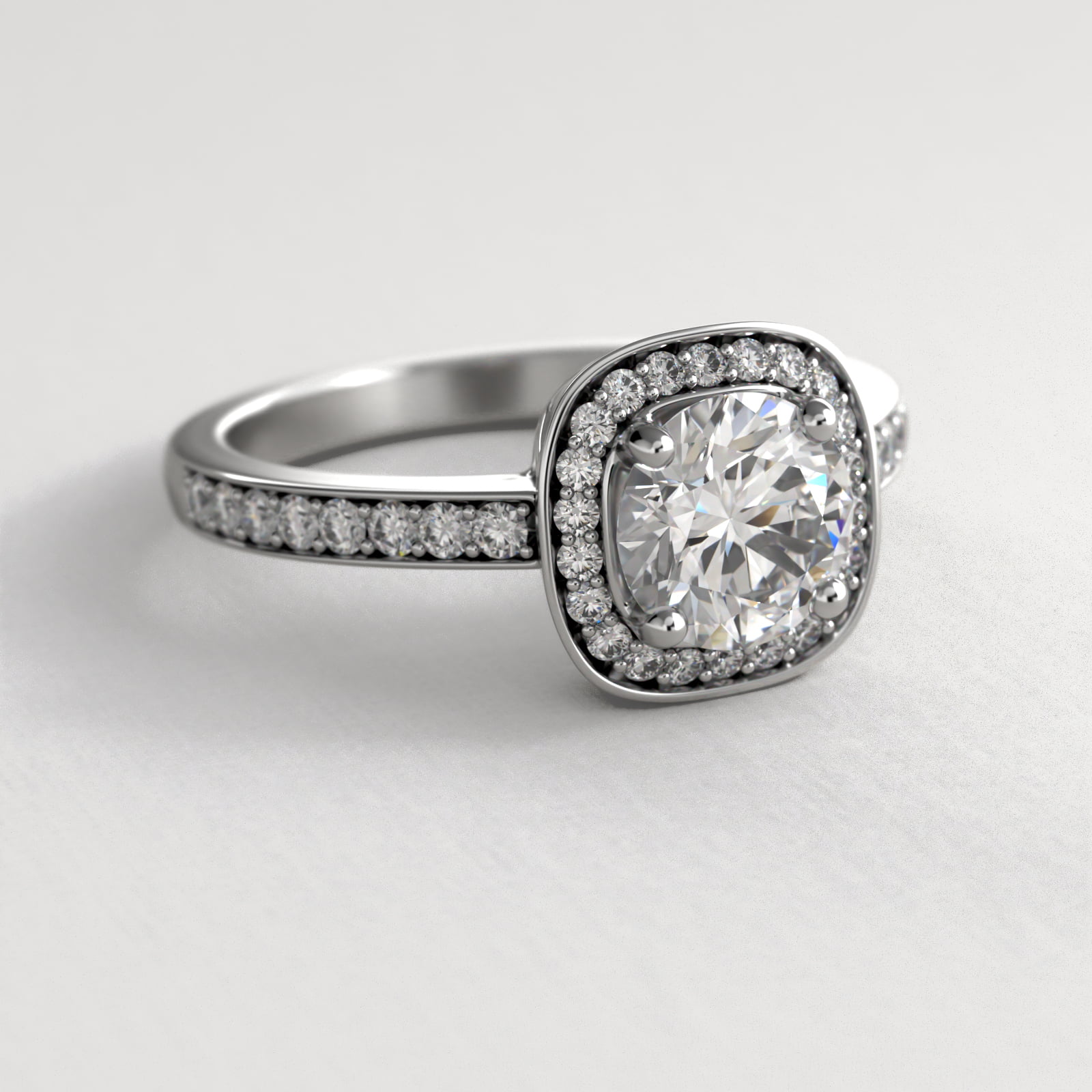 Cushion Basket Diamond Halo Engagement Ring In 18K White Gold