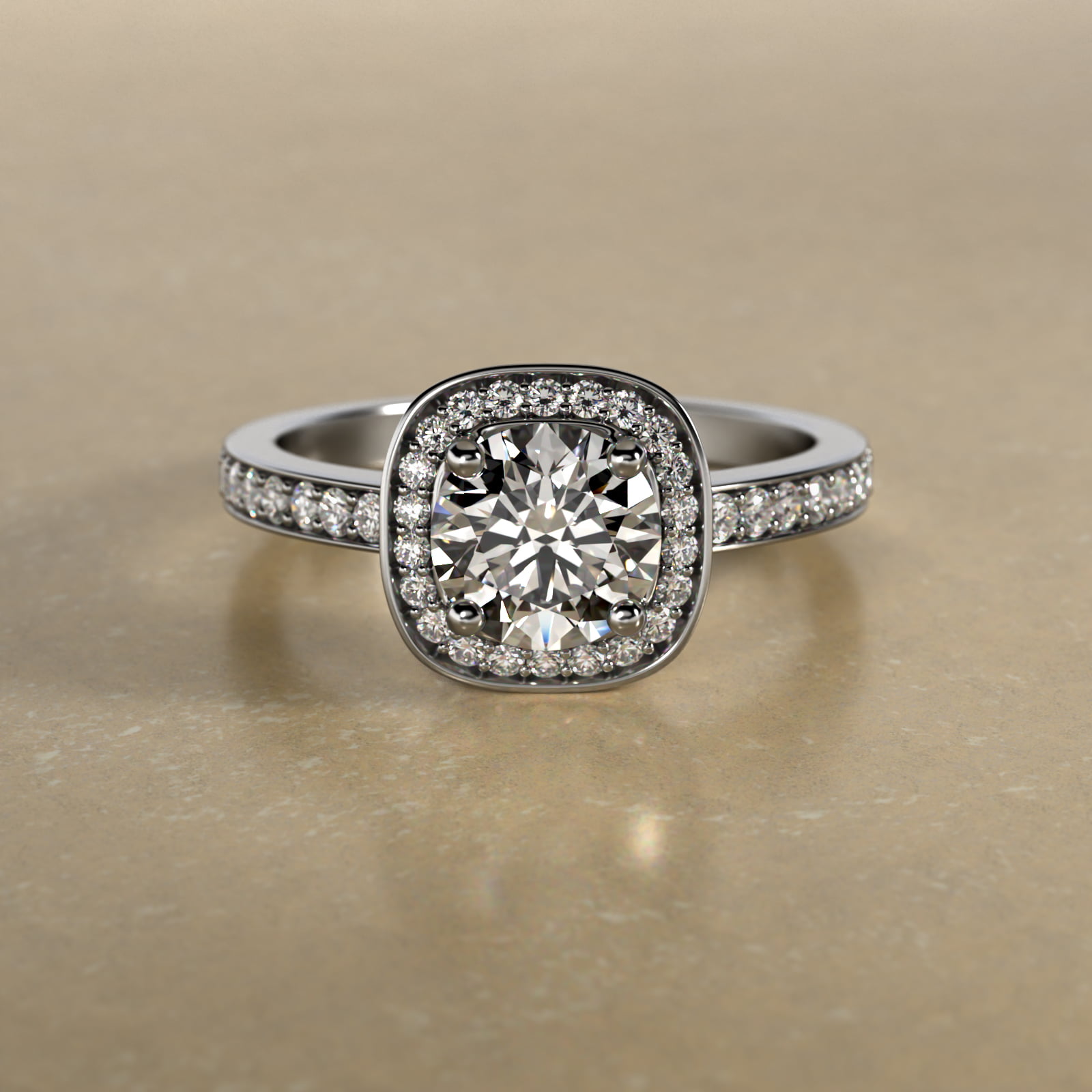 Cushion Basket Diamond Halo Engagement Ring In 14K White Gold