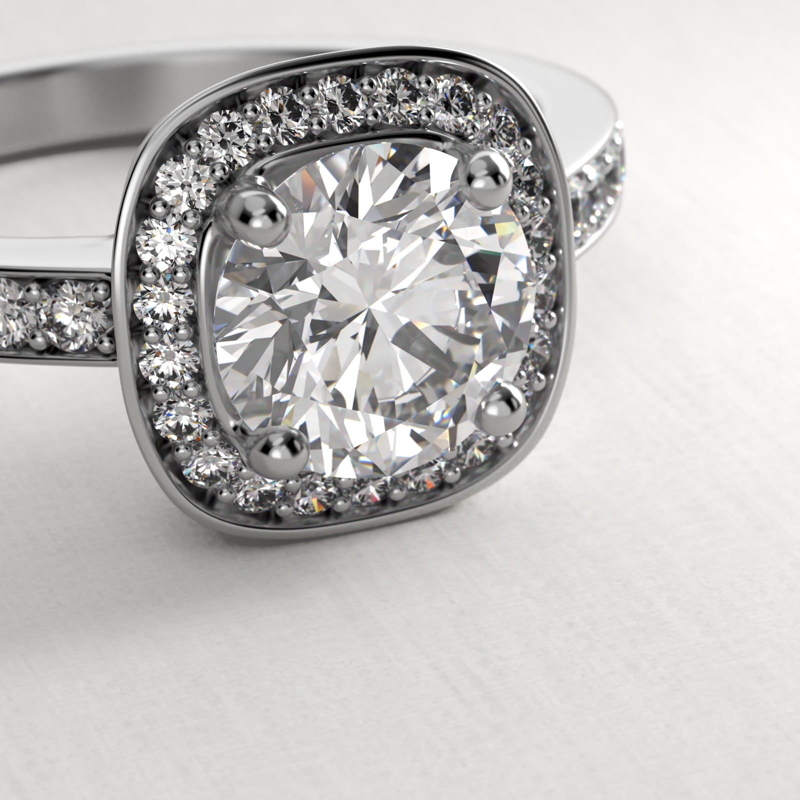 Cushion Basket Diamond Halo Engagement Ring In 14K White Gold