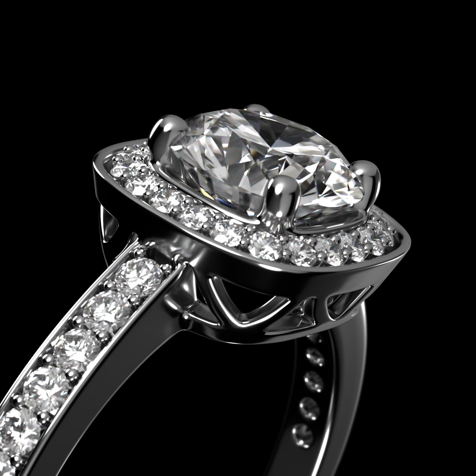 Cushion Basket Diamond Halo Engagement Ring In 18K White Gold