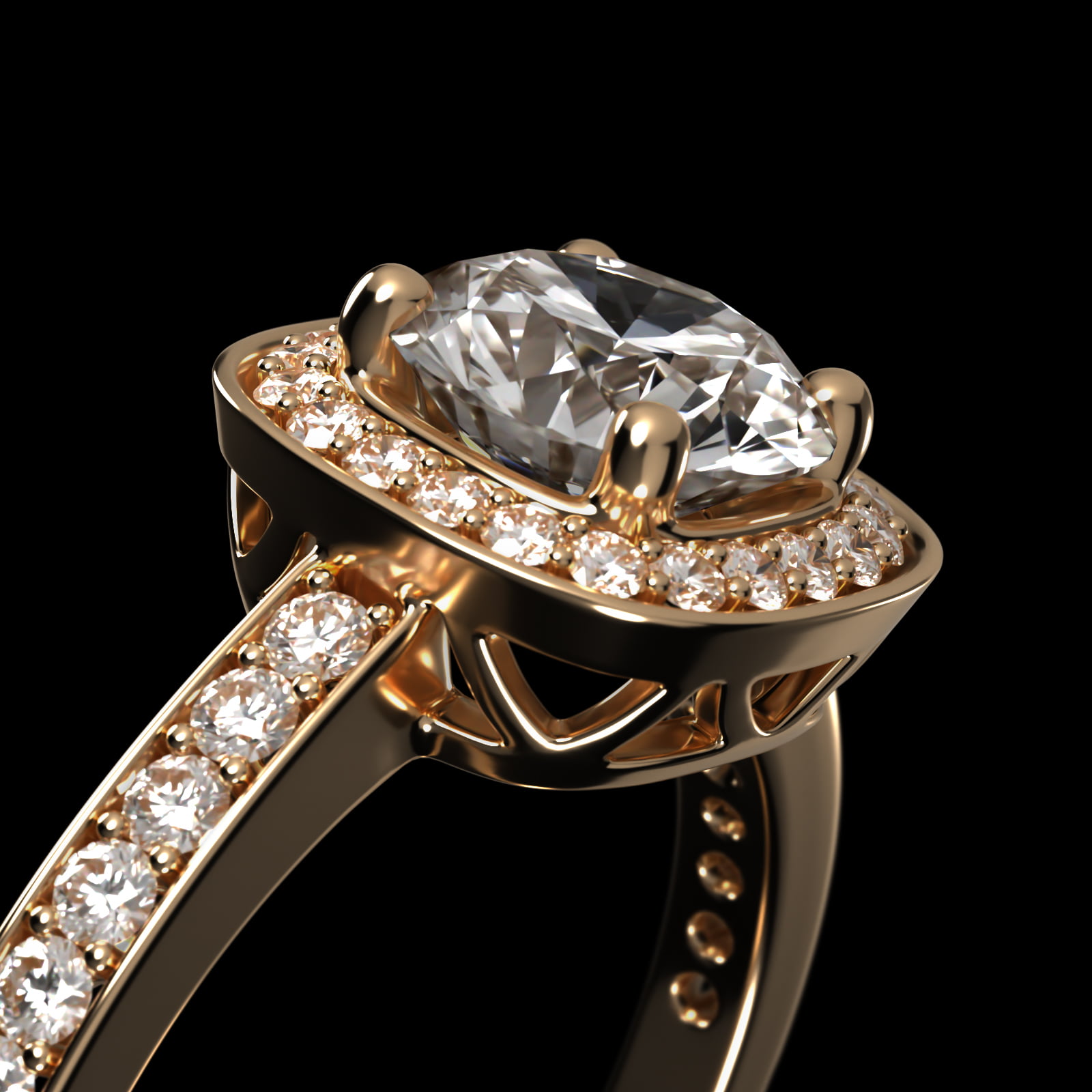 Cushion Basket Diamond Halo Engagement Ring In 18K Yellow Gold