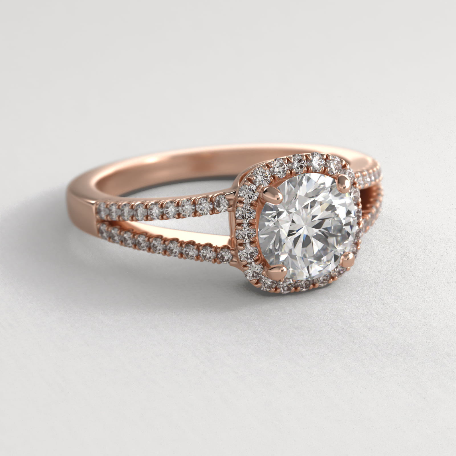 Cushion Split Shank Diamond Halo Engagement Ring In 14K Rose Gold