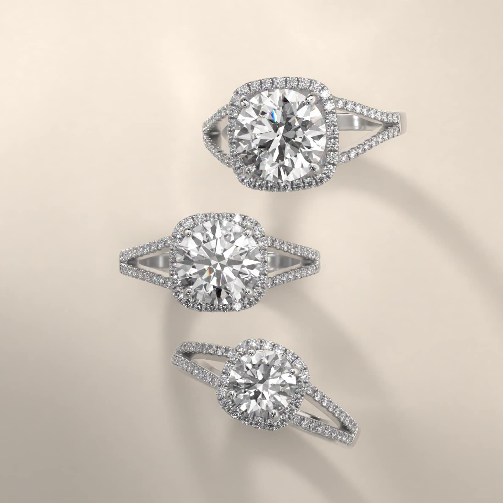 Cushion Split Shank Diamond Halo Engagement Ring In 14K White Gold