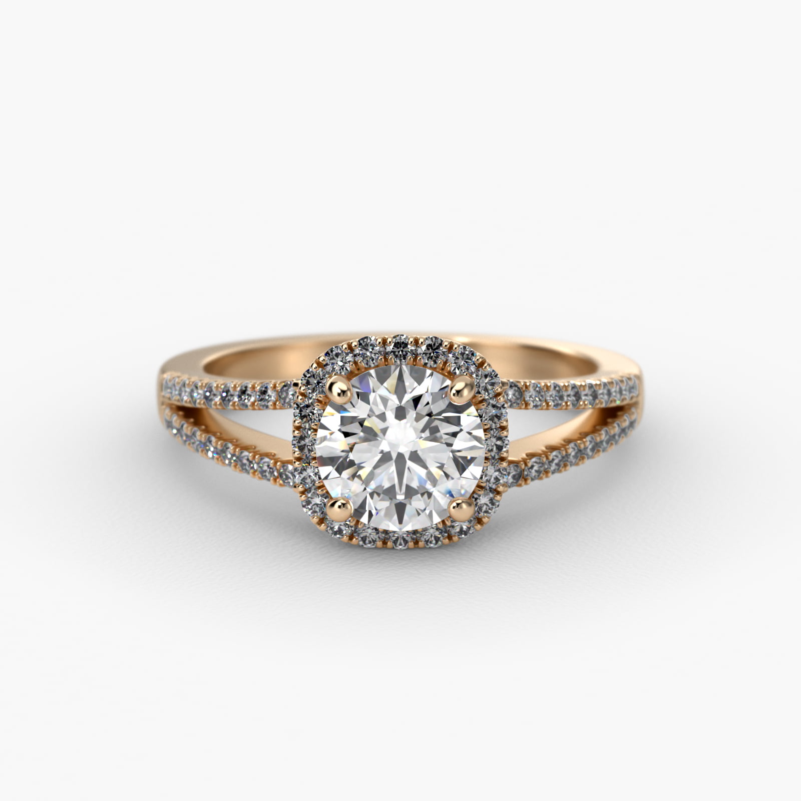 Cushion Split Shank Diamond Halo Engagement Ring In 14K Yellow Gold