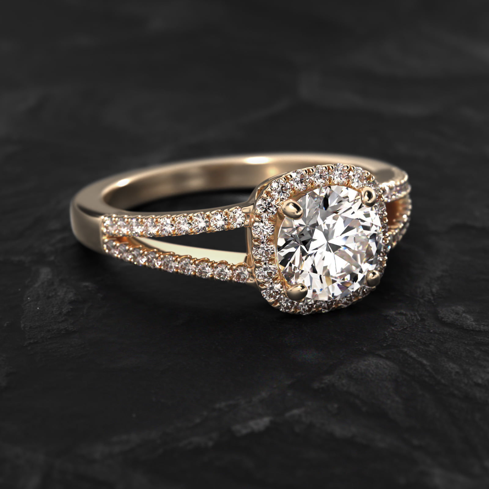 Cushion Split Shank Diamond Halo Engagement Ring In 18K Yellow Gold