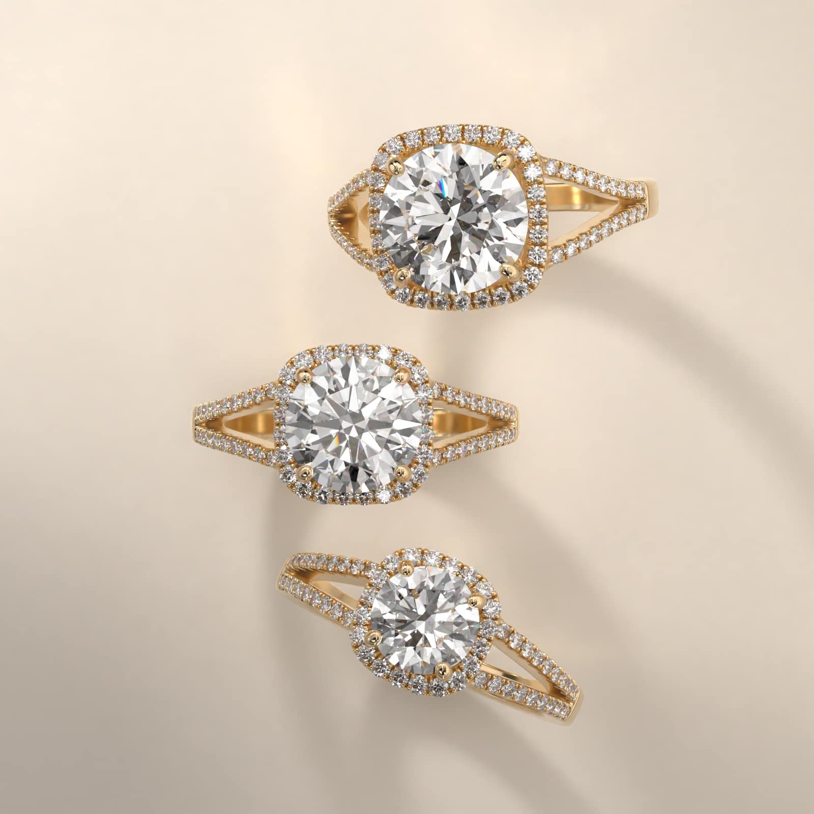 Cushion Split Shank Diamond Halo Engagement Ring In 18K Yellow Gold