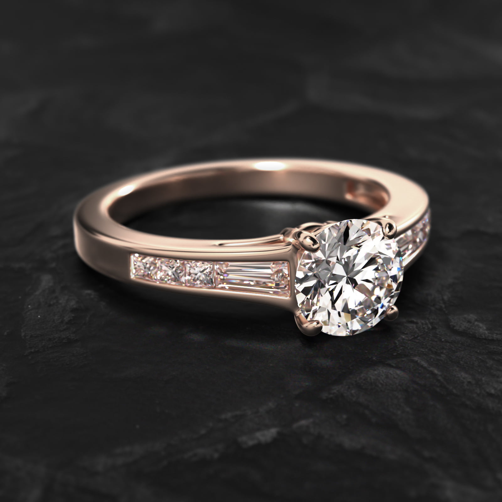 Engagement Ring With Channel Set Tapered Baguette And Princess Cut Diamonds In 14K Rose Gold