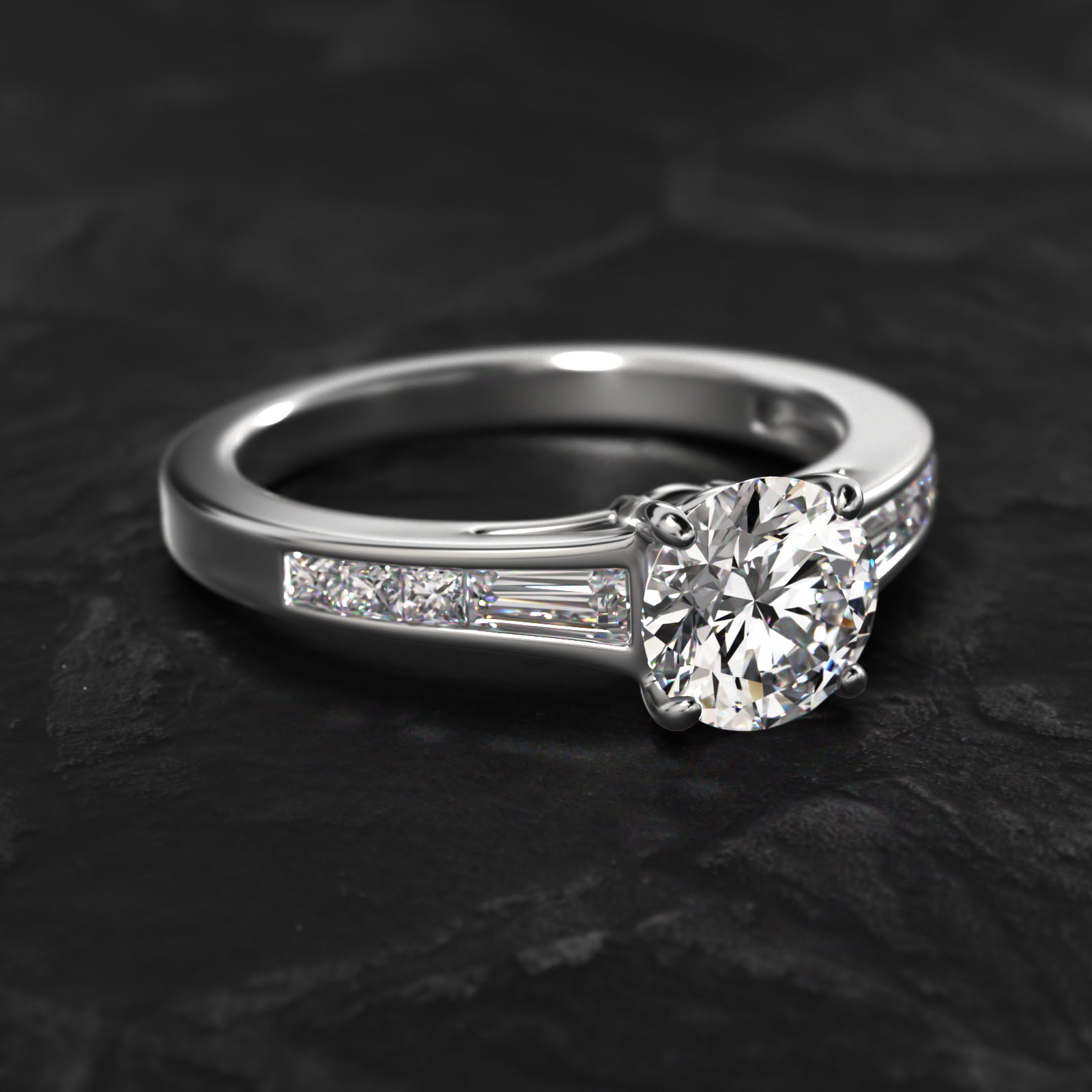 Engagement Ring With Channel Set Tapered Baguette And Princess Cut Diamonds In 14K White Gold