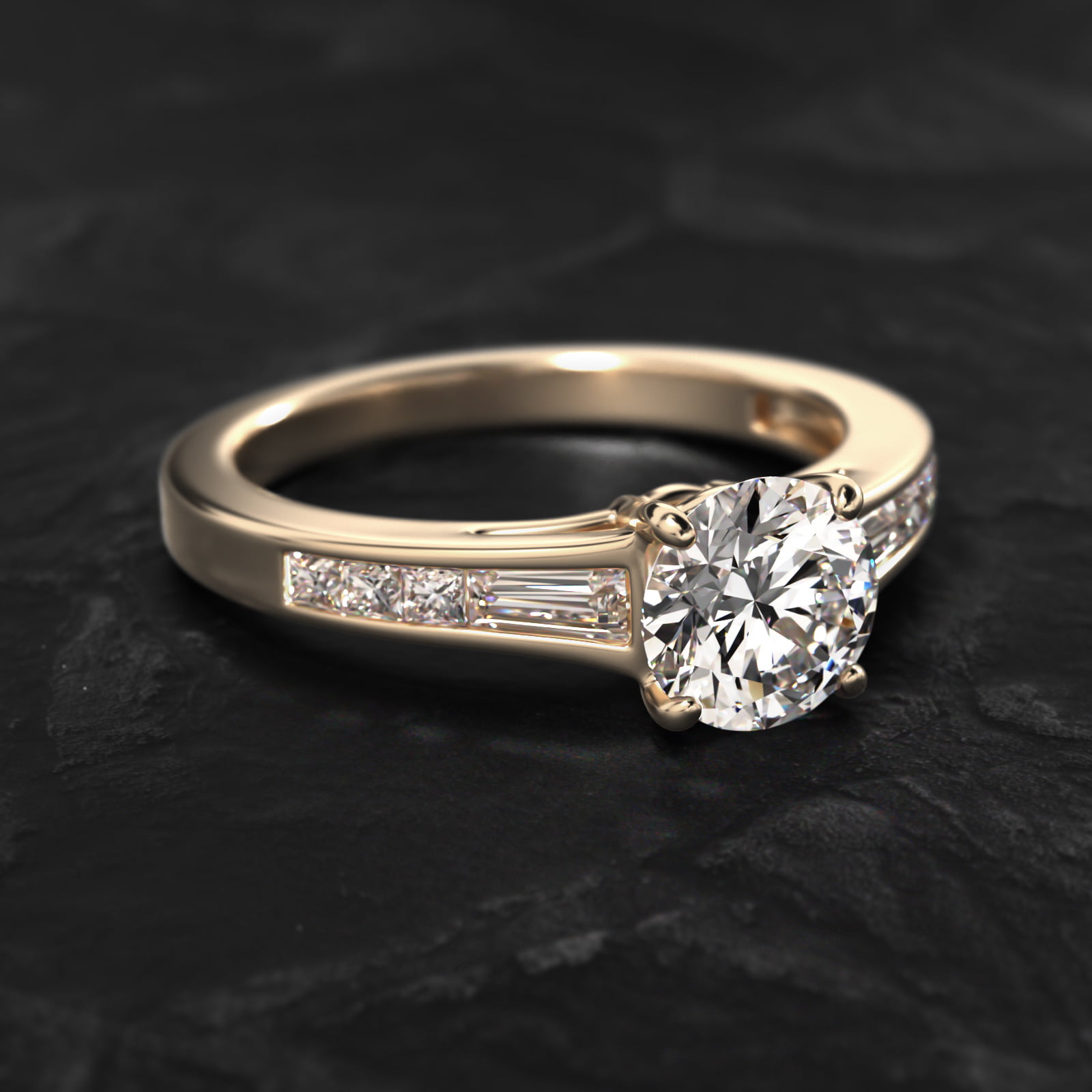 Engagement Ring With Channel Set Tapered Baguette And Princess Cut Diamonds In 18K Yellow Gold