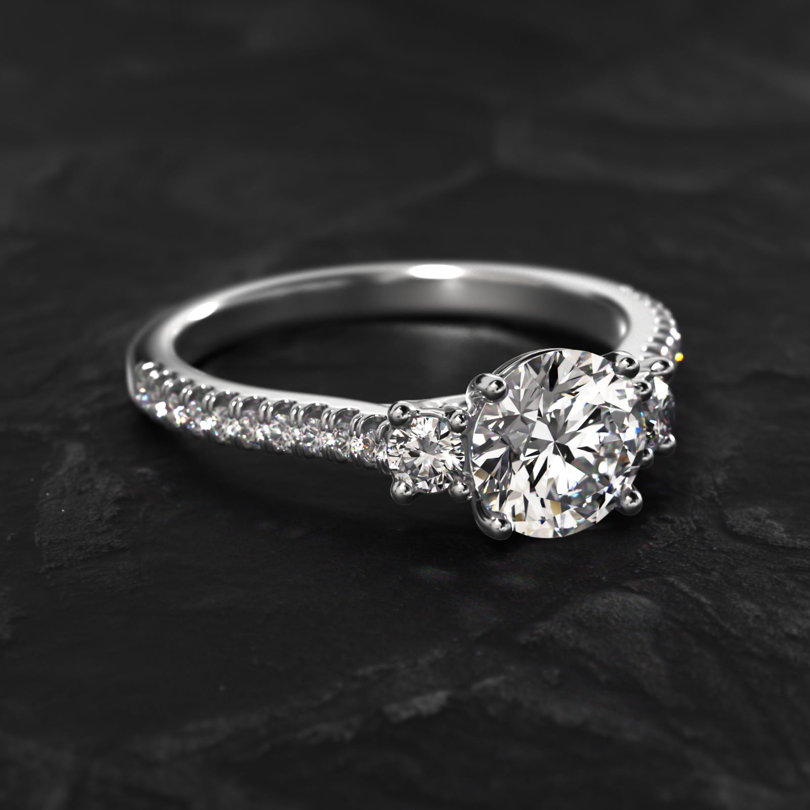 18K White Gold Three Stone Micropavé Diamond Engagement Ring