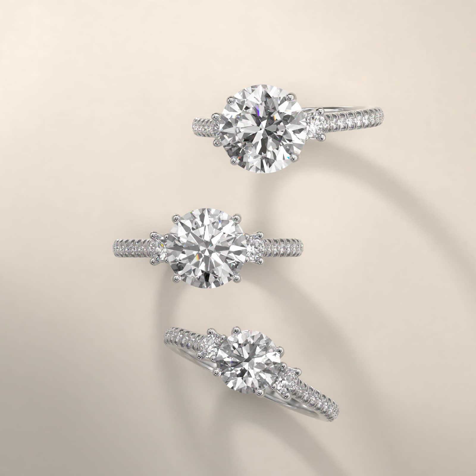 18K White Gold Three Stone Micropavé Diamond Engagement Ring