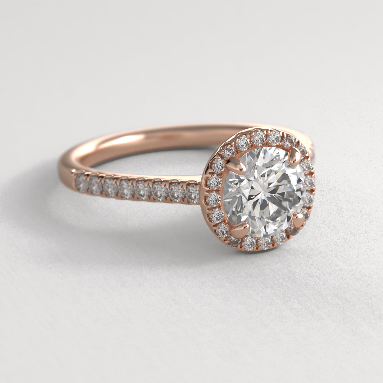 Pavé Halo And Shank Diamond Engagement Ring In 14K Rose Gold (Round)