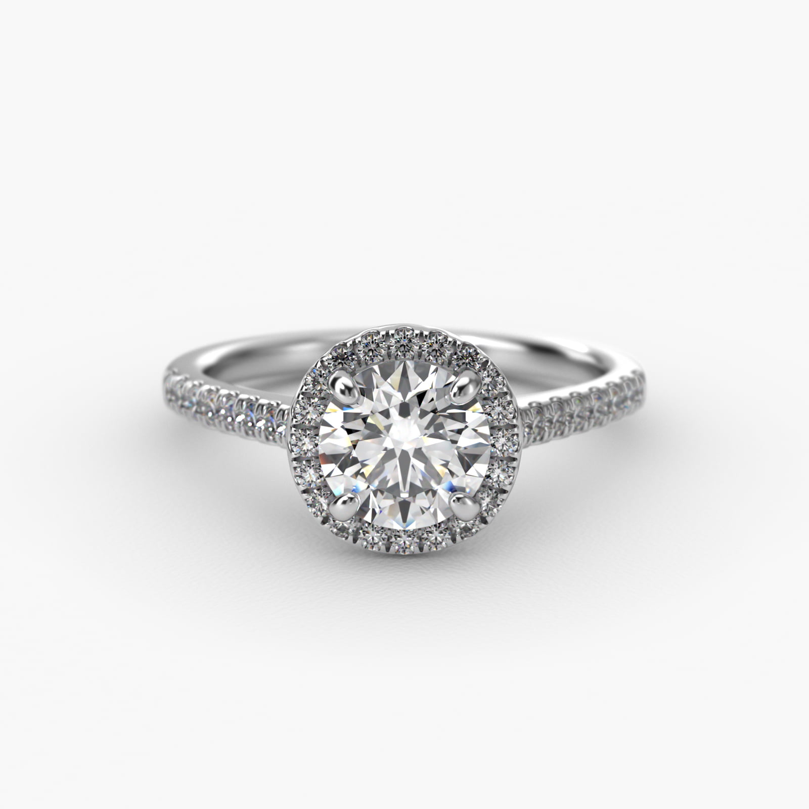 Pavé Halo And Shank Diamond Engagement Ring In 14K White Gold (Round)
