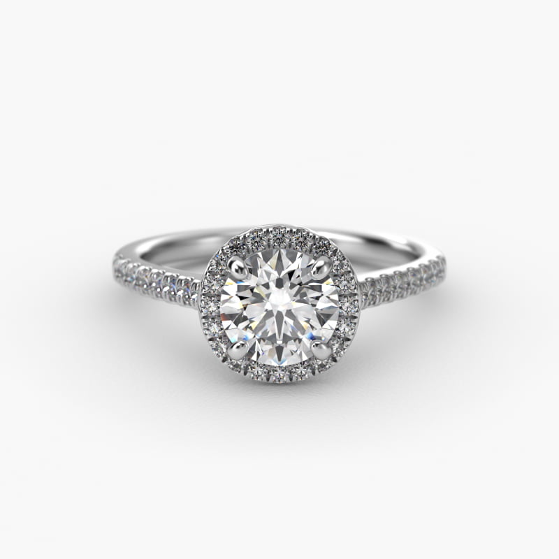 Pavé Halo And Shank Diamond Engagement Ring In 14K White Gold (Round)