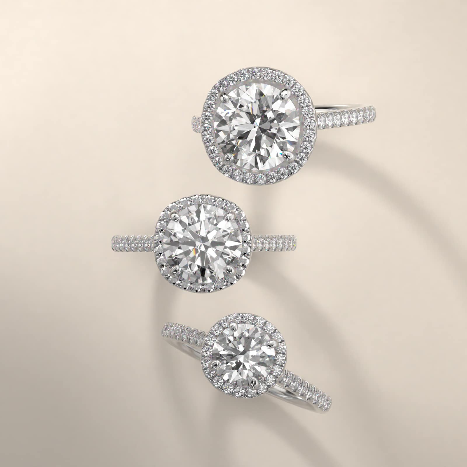 Pavé Halo And Shank Diamond Engagement Ring In 18K White Gold (Round)