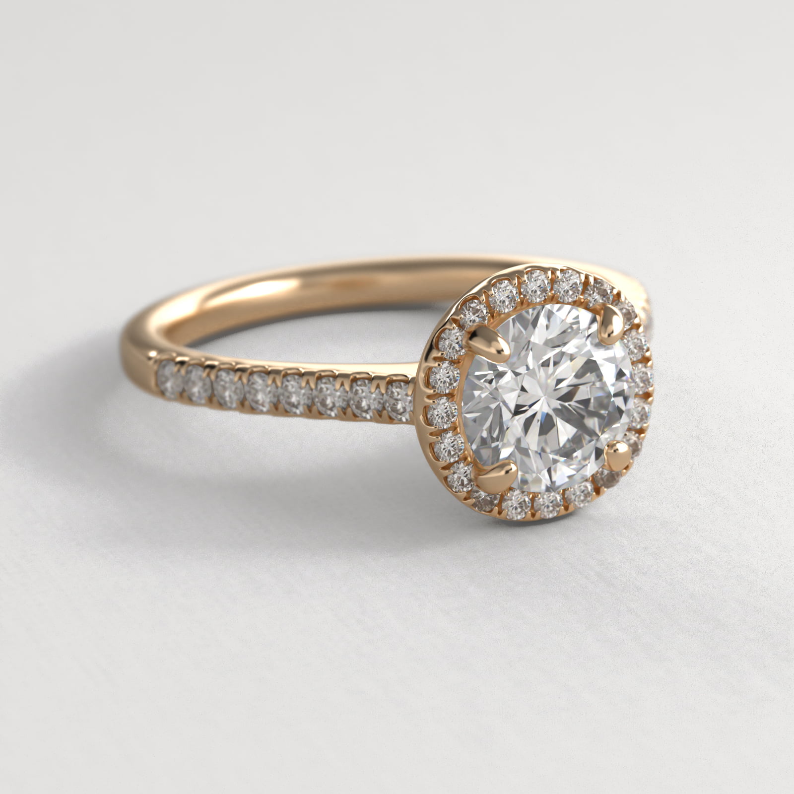 Pavé Halo And Shank Diamond Engagement Ring In 18K Yellow Gold (Round)