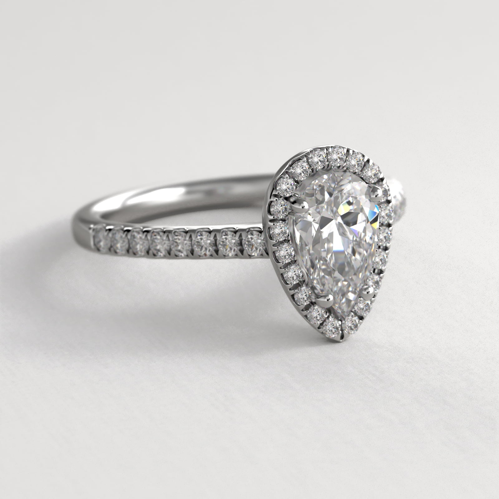 Pavé Halo And Shank Diamond Engagement Ring In 14K White Gold