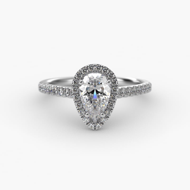 Pavé Halo And Shank Diamond Engagement Ring In 14K White Gold