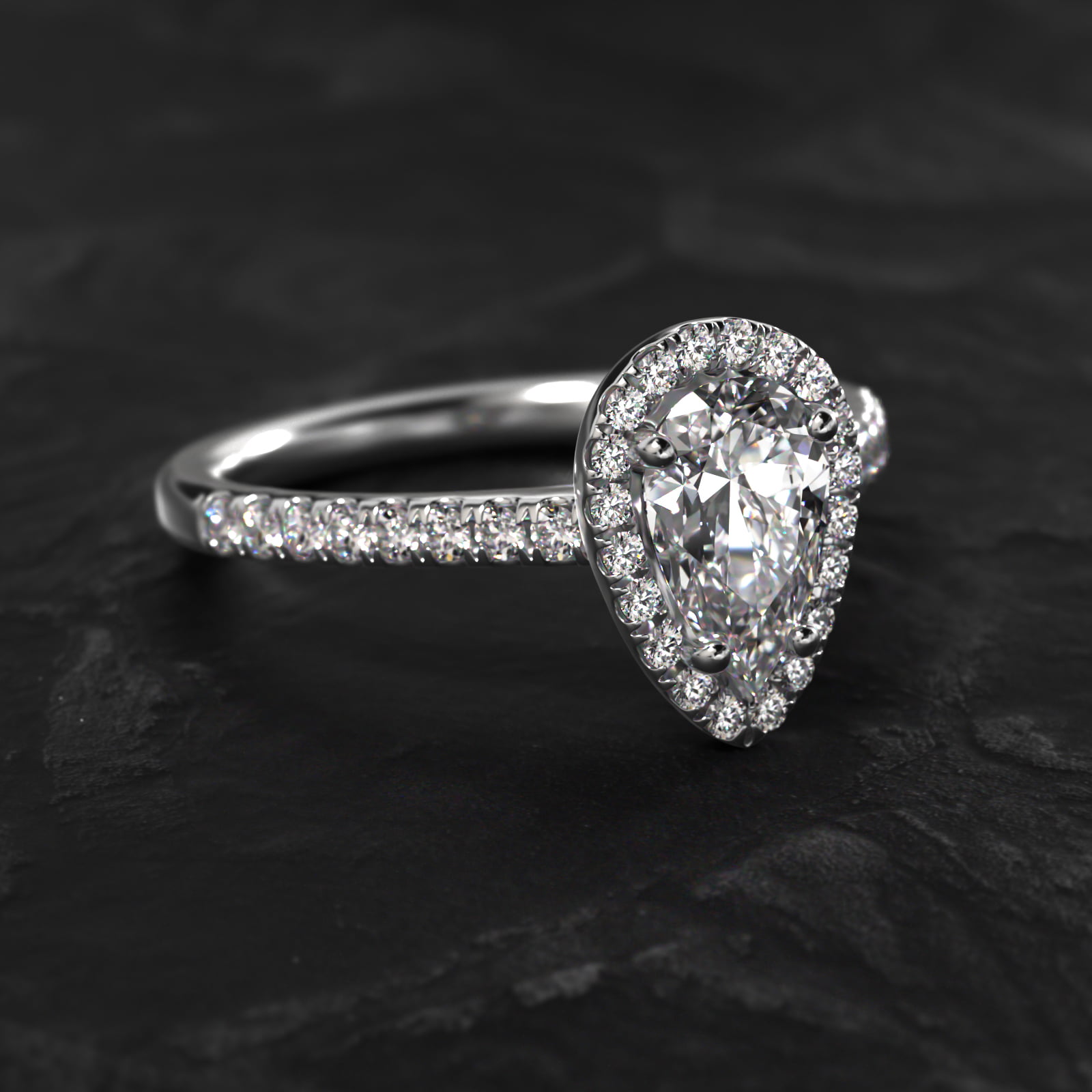 Pavé Halo And Shank Diamond Engagement Ring In Platinum (Pear)
