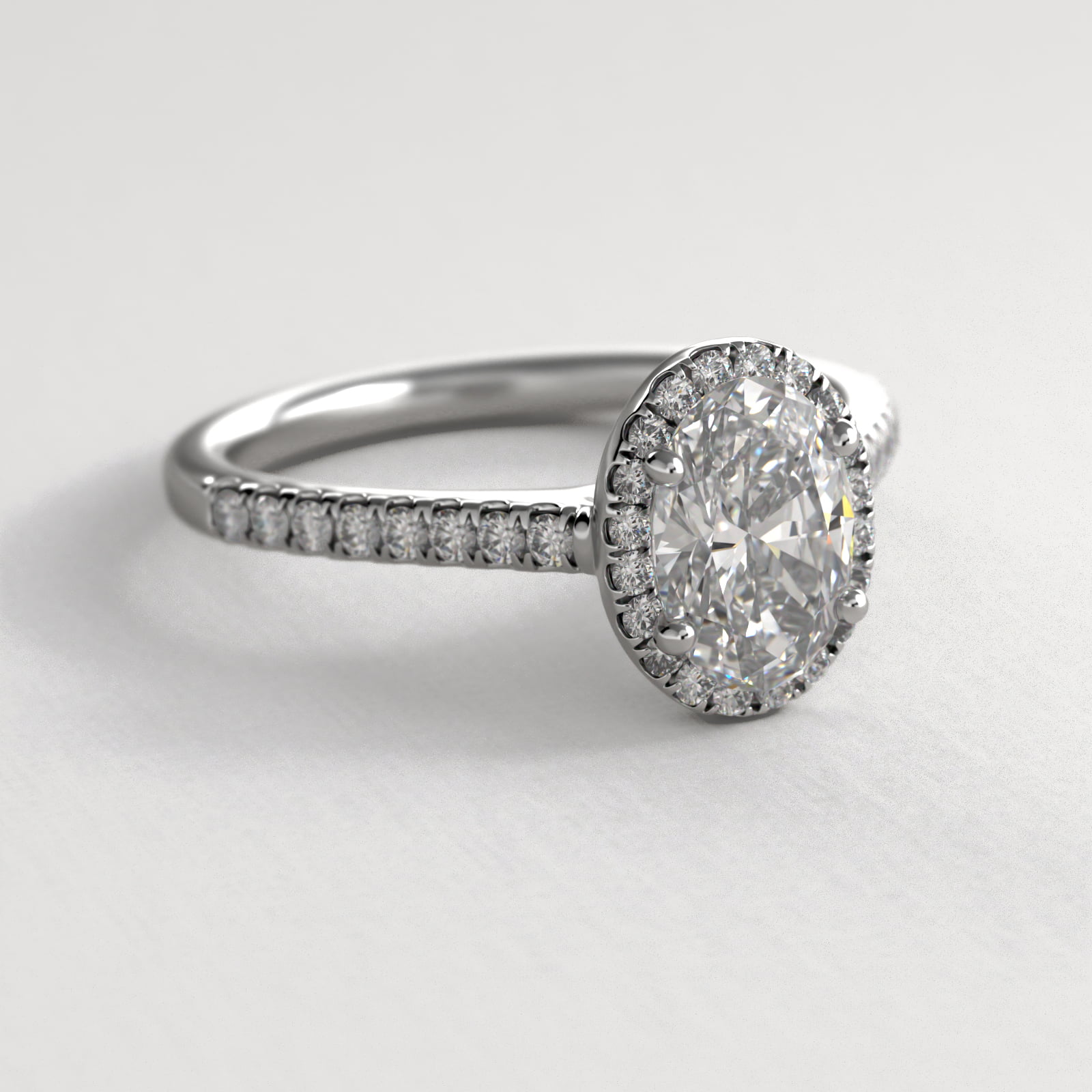 Pavé Halo And Shank Diamond Engagement Ring In 18K White Gold (Oval)