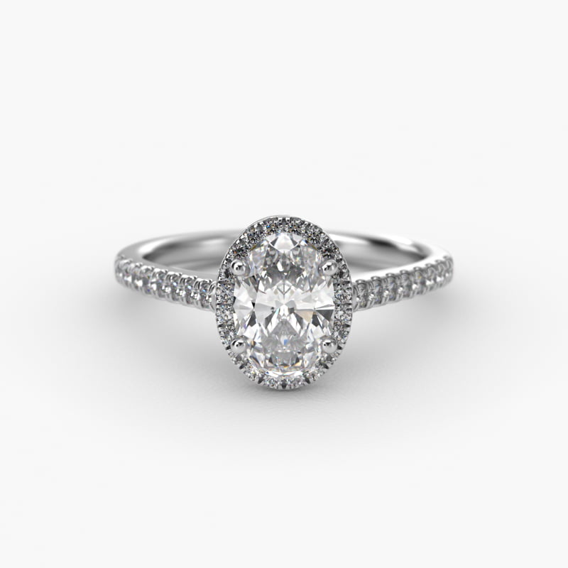 Pavé Halo And Shank Diamond Engagement Ring In 14K White Gold (Oval)