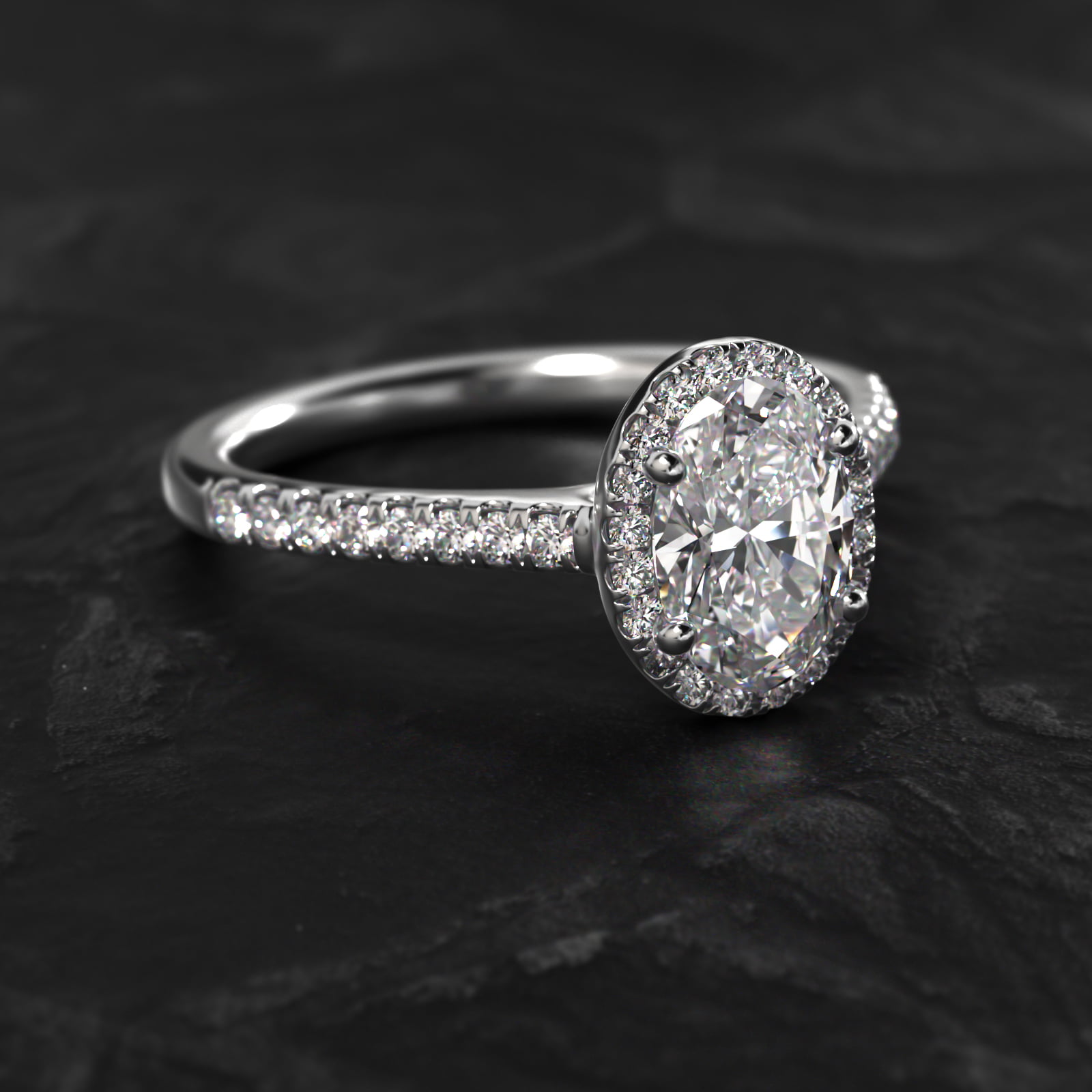 Pavé Halo And Shank Diamond Engagement Ring In 14K White Gold (Oval)