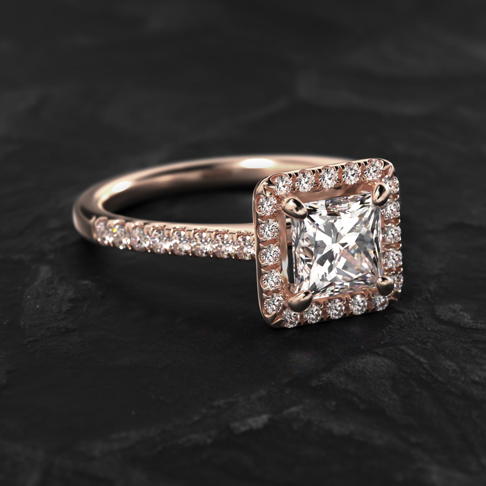 Pavé Diamond Halo Engagement Ring In 14K Rose Gold (Princess)
