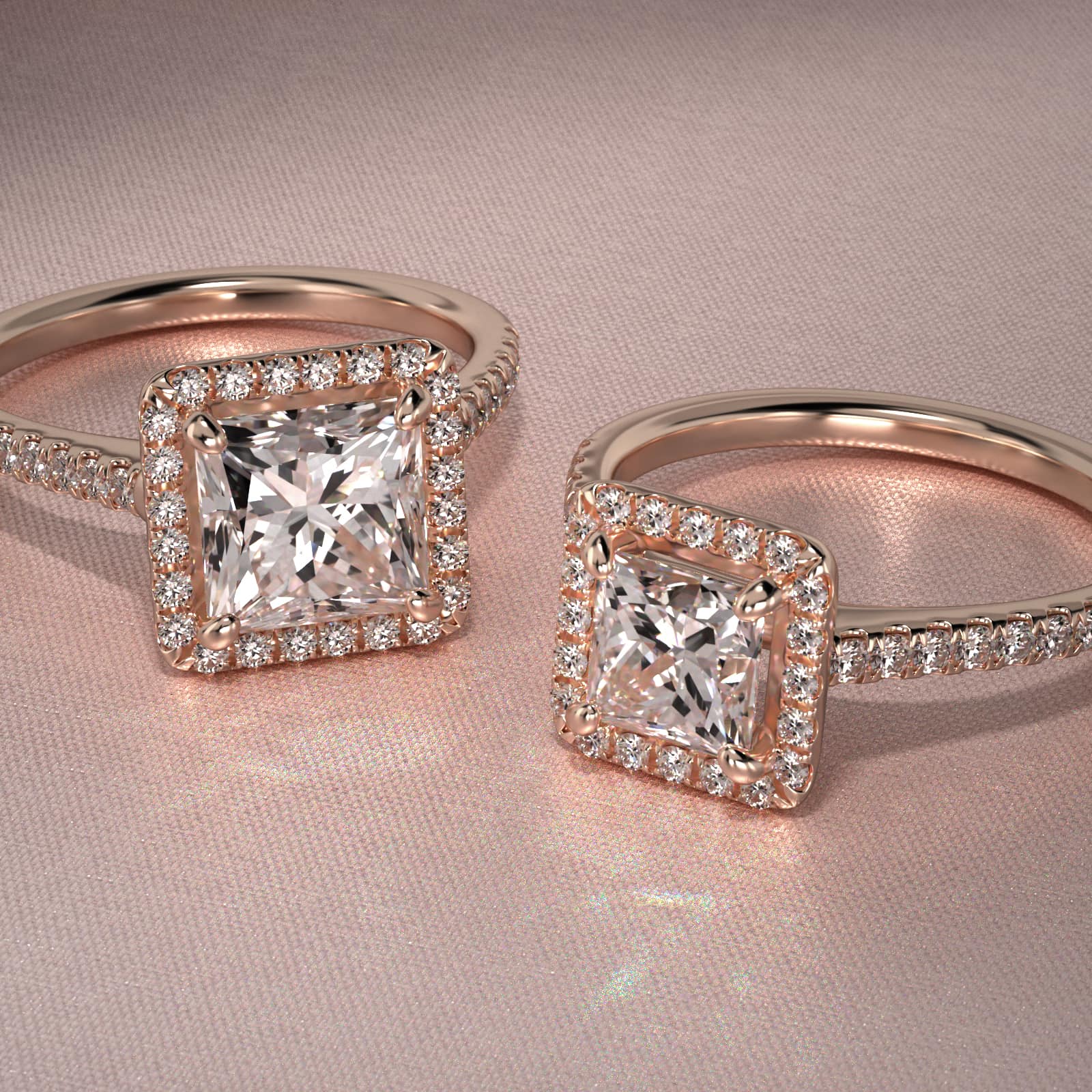 Pavé Diamond Halo Engagement Ring In 14K Rose Gold (Princess)