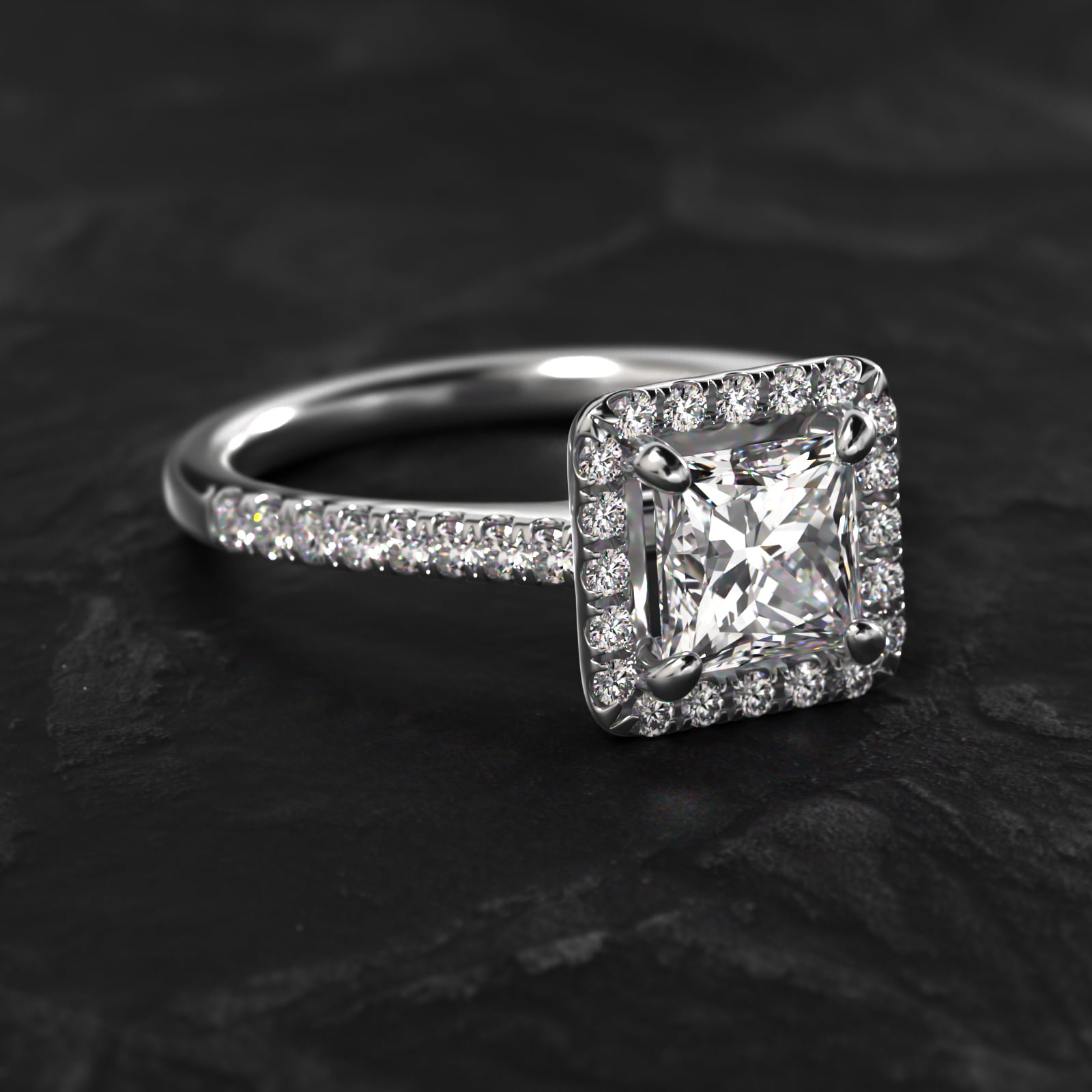 Pavé Halo And Shank Diamond Engagement Ring In 14K White Gold