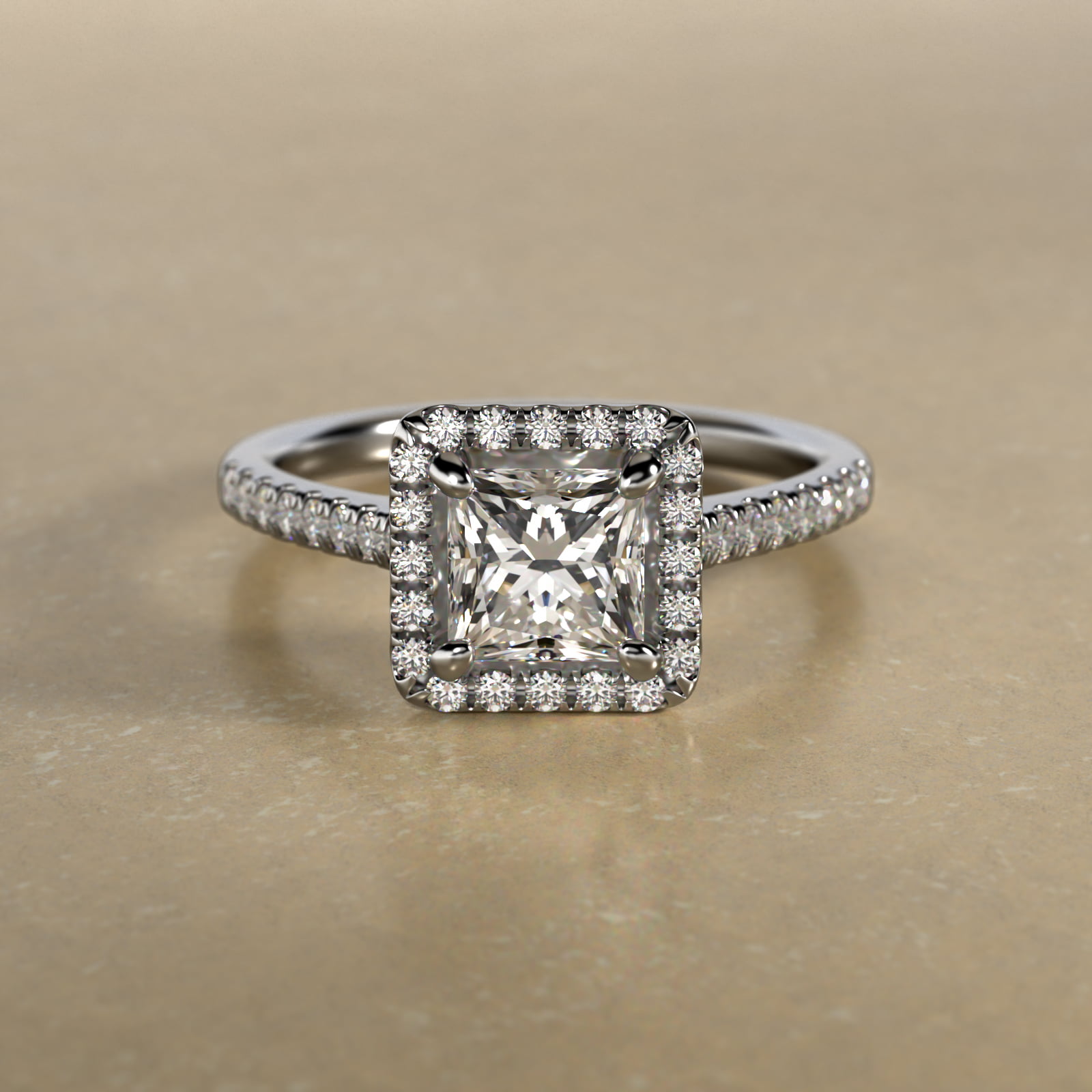 Pavé Halo And Shank Diamond Engagement Ring In 18K White Gold (Princess)
