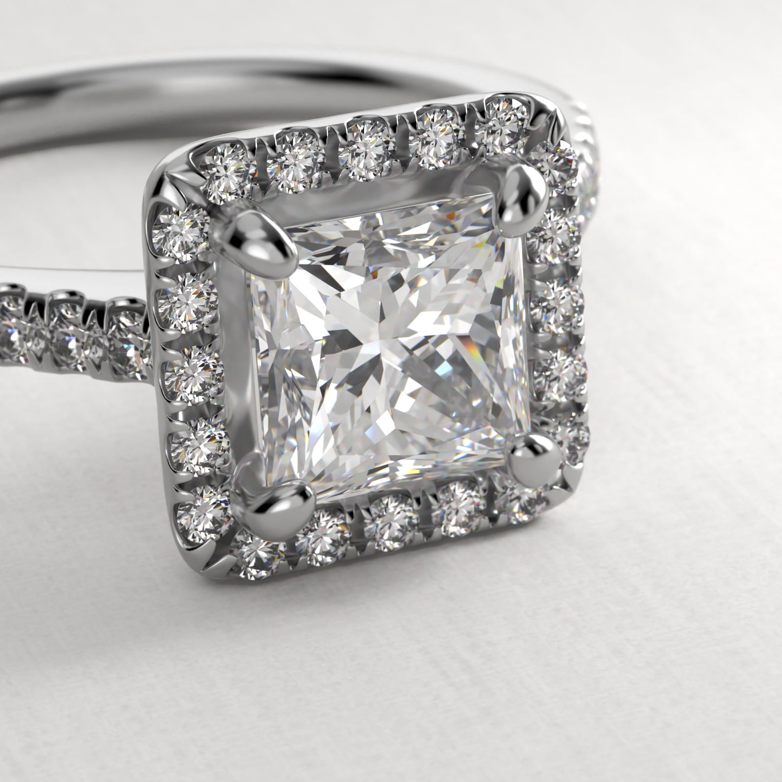 Pavé Halo And Shank Diamond Engagement Ring In 18K White Gold (Princess)