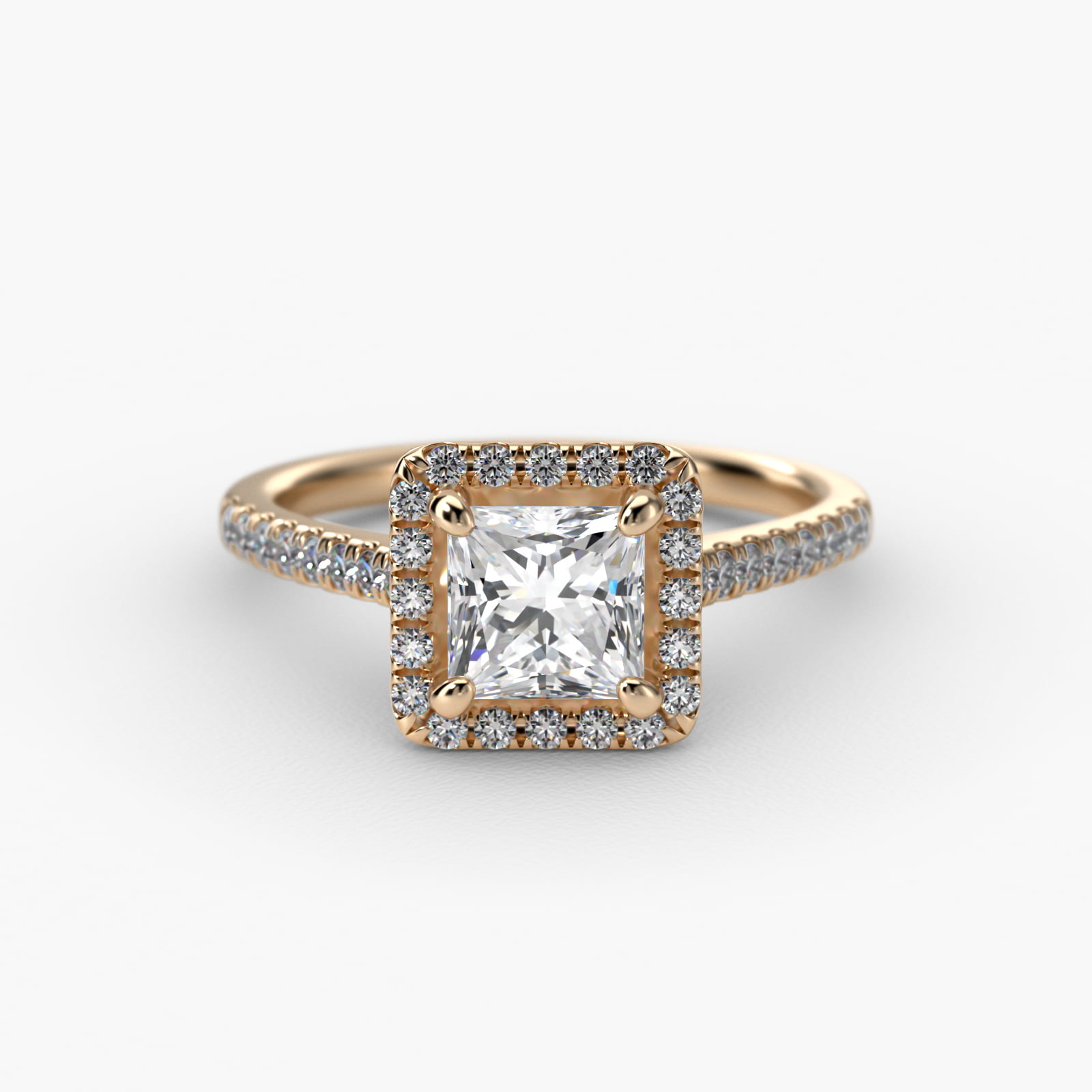 Pavé Diamond Halo Engagement Ring In 14K Yellow Gold (Princess)
