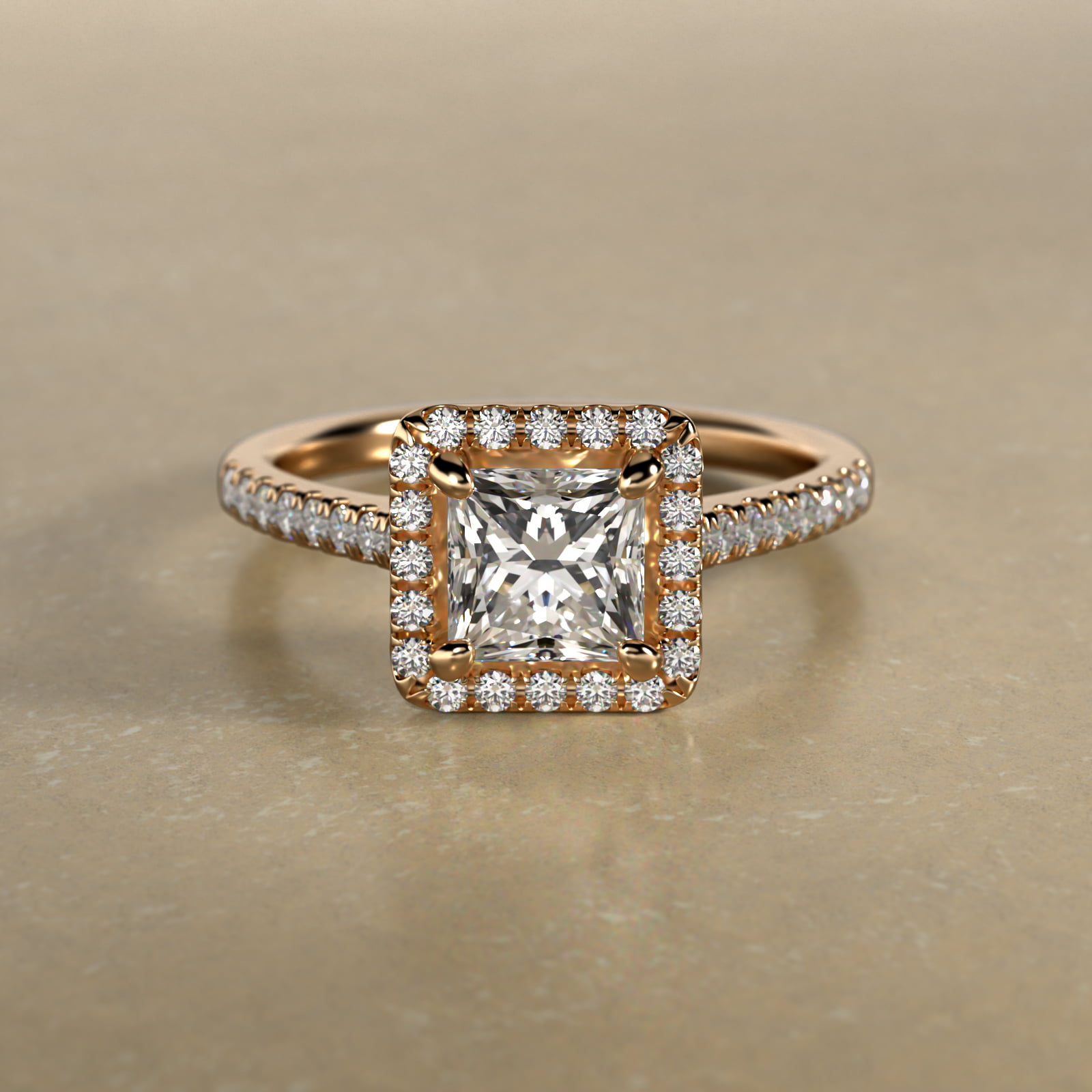 Pavé Halo And Shank Diamond Engagement Ring In 18K Yellow Gold