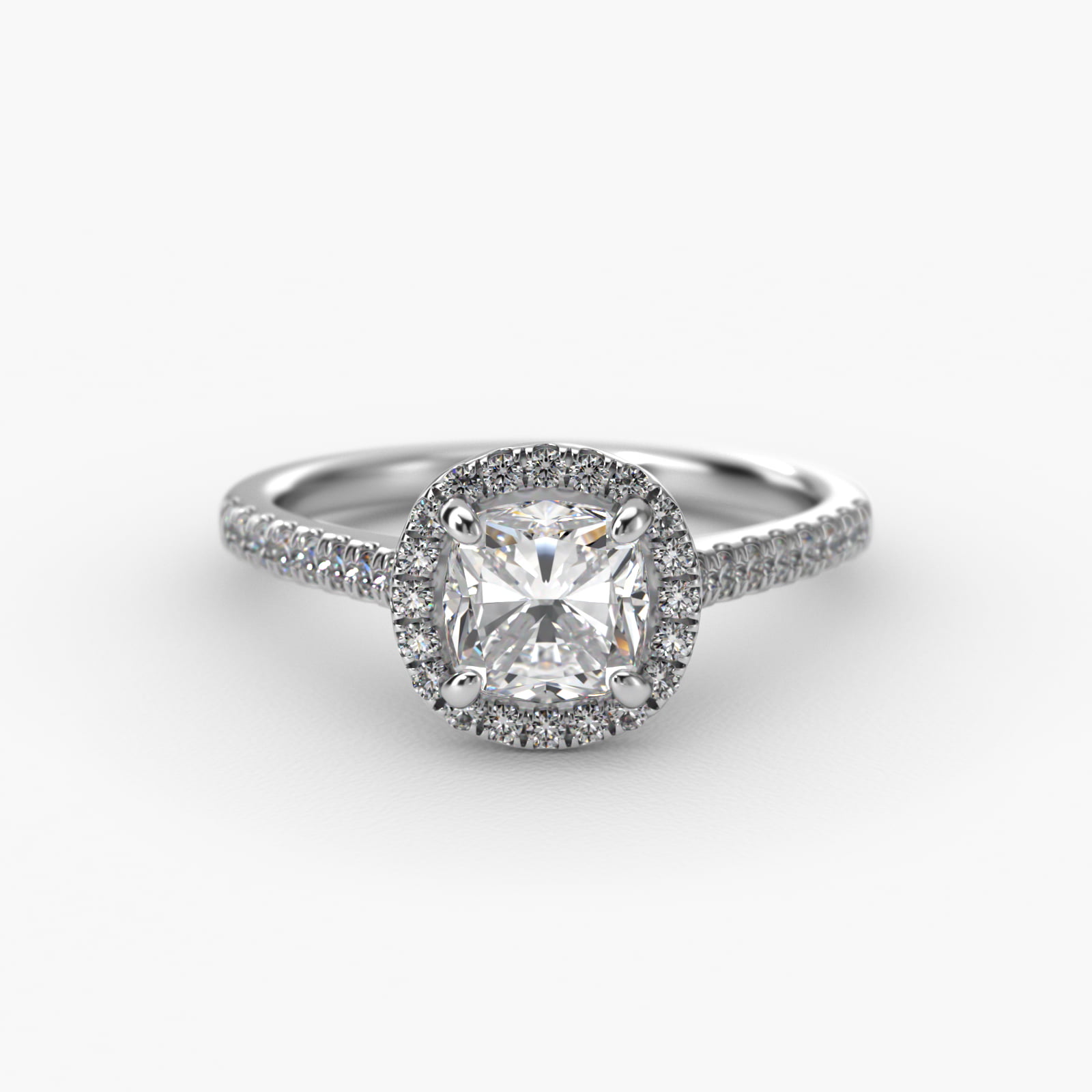 Pavé Halo And Shank Diamond Engagement Ring In 18K White Gold