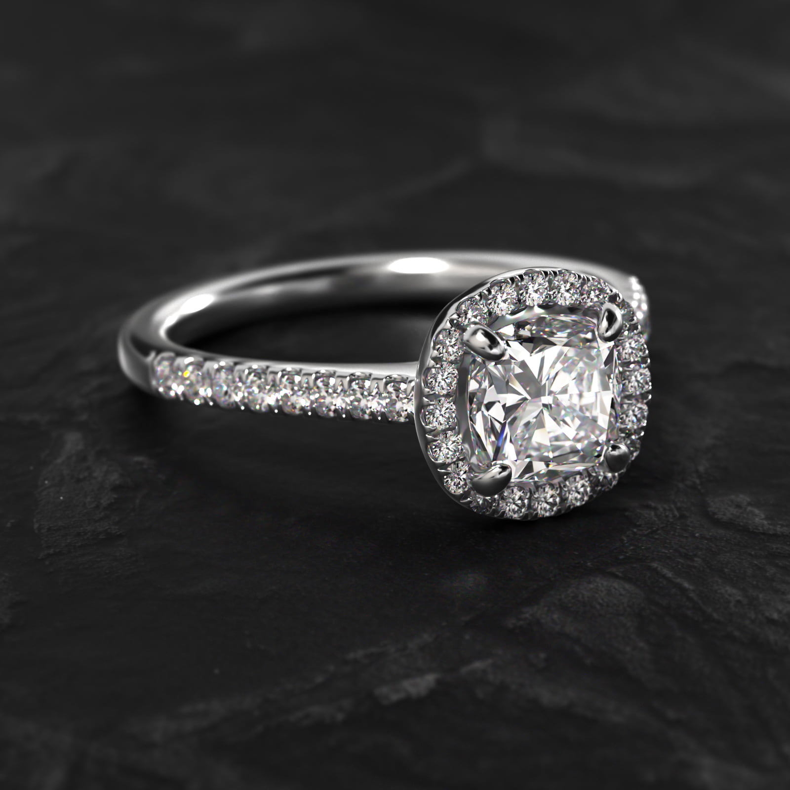 Pavé Halo And Shank Diamond Engagement Ring In 14K White Gold (Cushion, Emerald, Radiant)