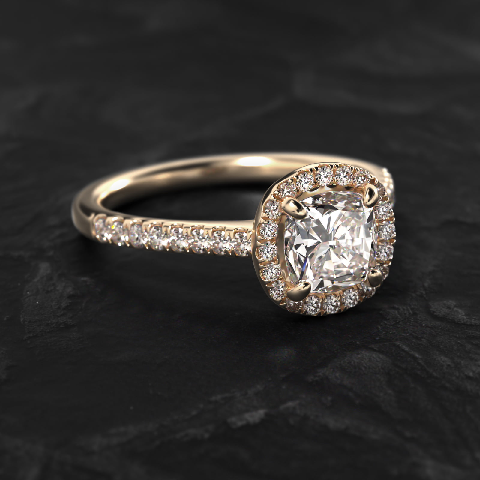 Pavé Diamond Halo Engagement Ring In 14K Yellow Gold
