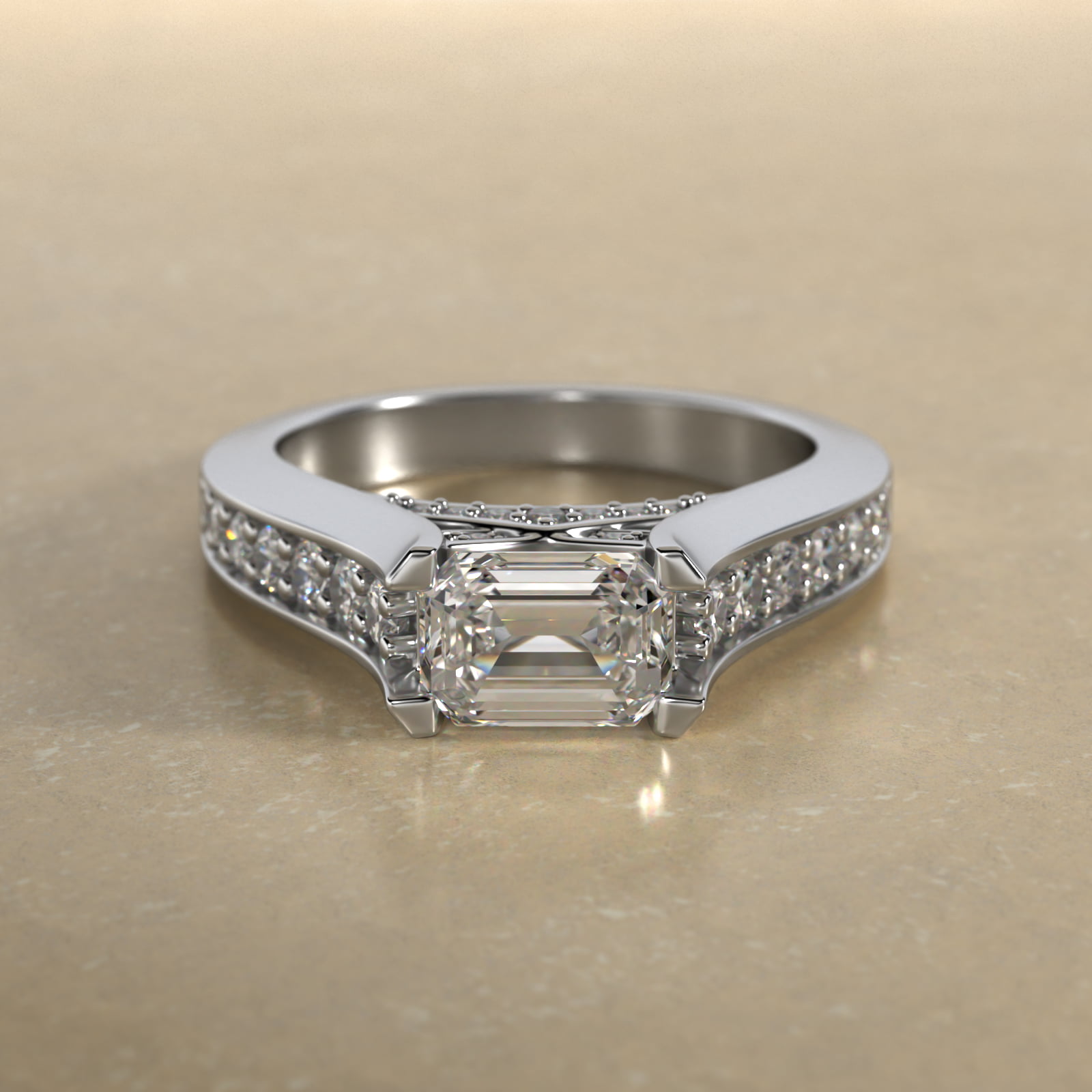 East West Graduated Pavé Diamond Engagement Ring In 14K White Gold