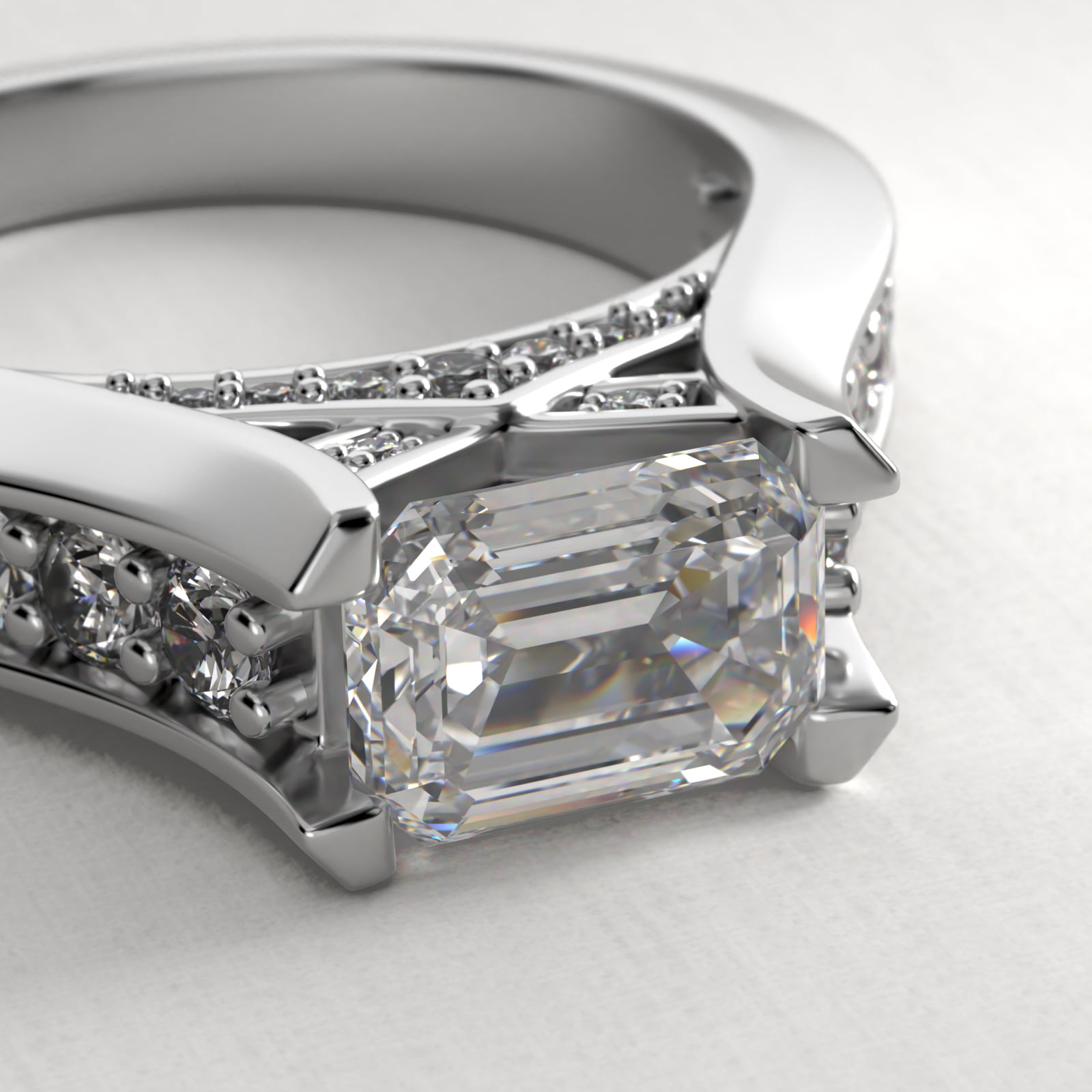 East West Graduated Pavé Diamond Engagement Ring In 18K White Gold