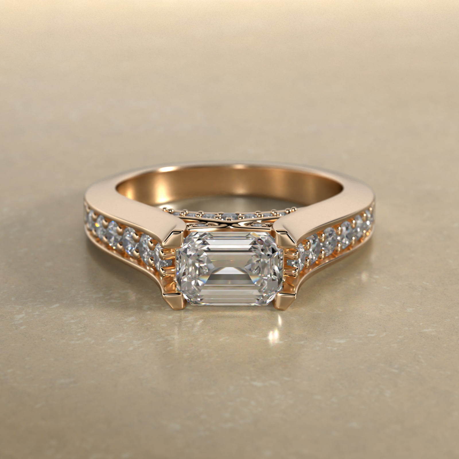 East West Graduated Pavé Diamond Engagement Ring In 14K Yellow Gold