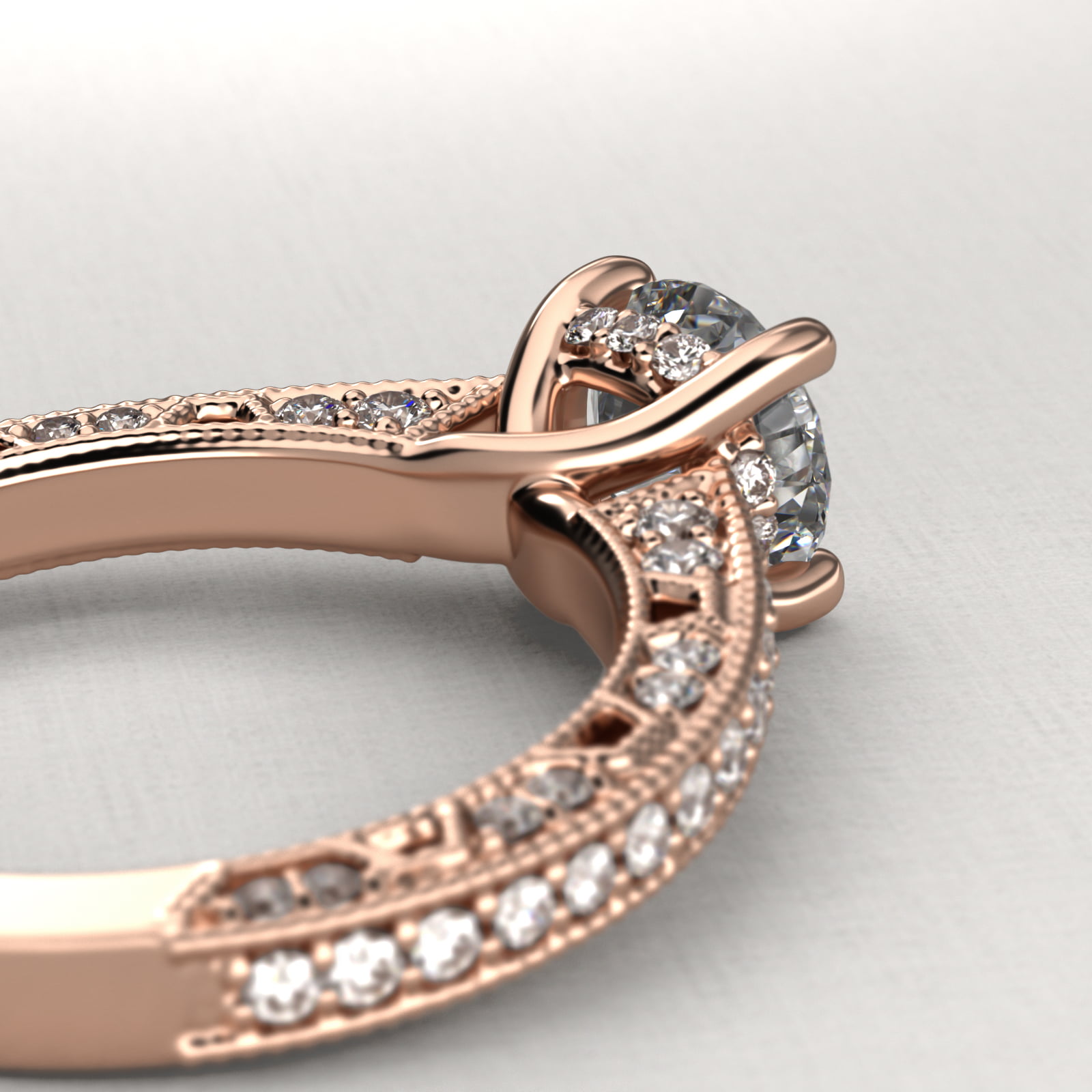 Milgrain Lace Pavé Vintage-Style Engagement Ring In 14K Rose Gold