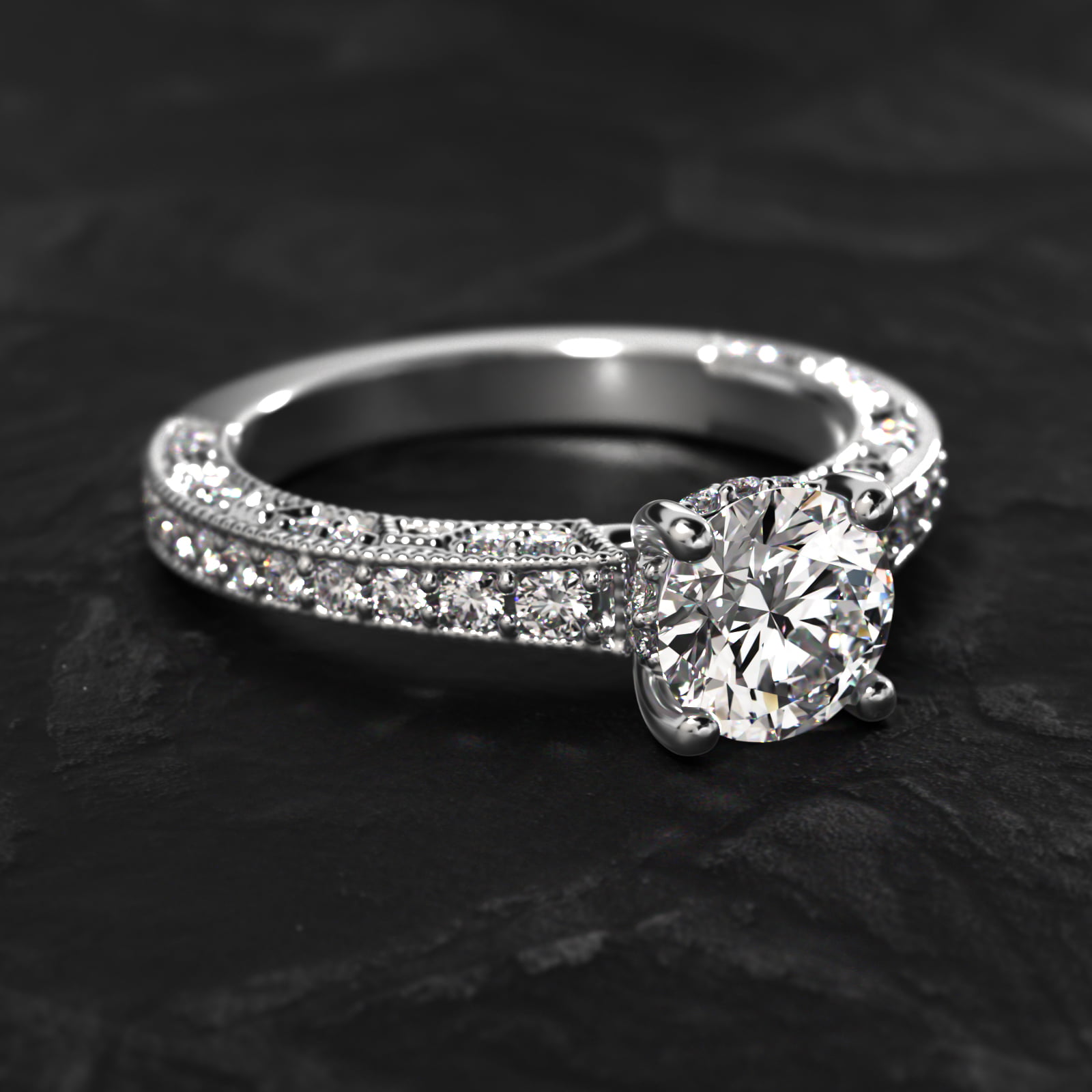Milgrain Lace Pavé Vintage-Style Engagement Ring In 18K White Gold