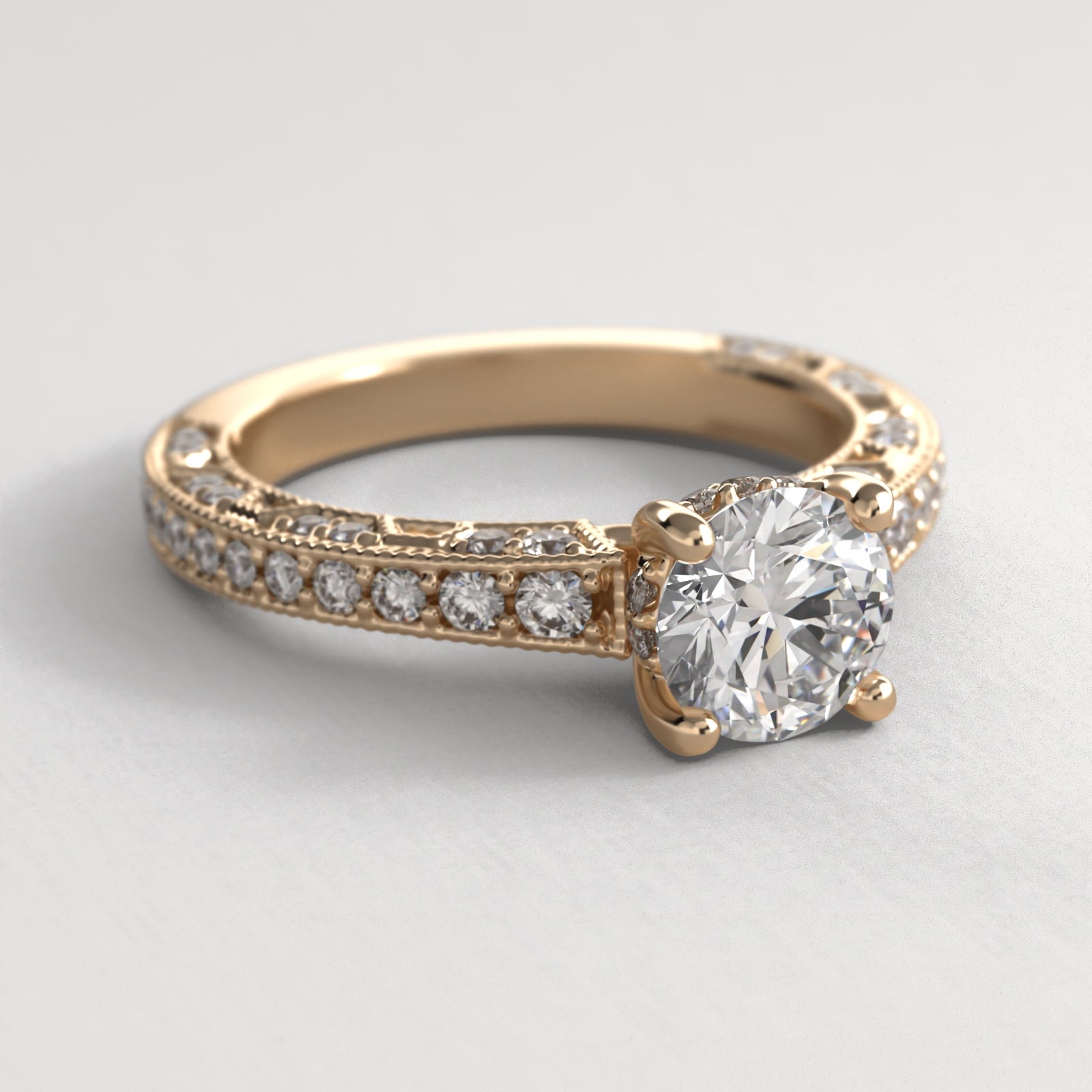 Milgrain Lace Pavé Vintage-Style Engagement Ring In 18K Yellow Gold
