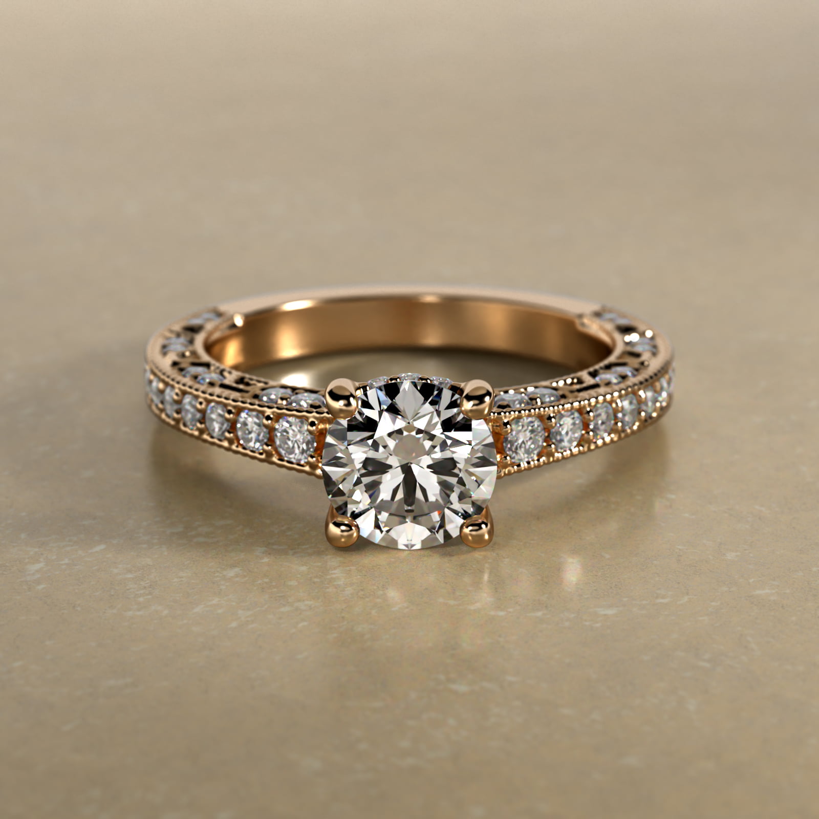Milgrain Lace Pavé Vintage-Style Engagement Ring In 14K Yellow Gold