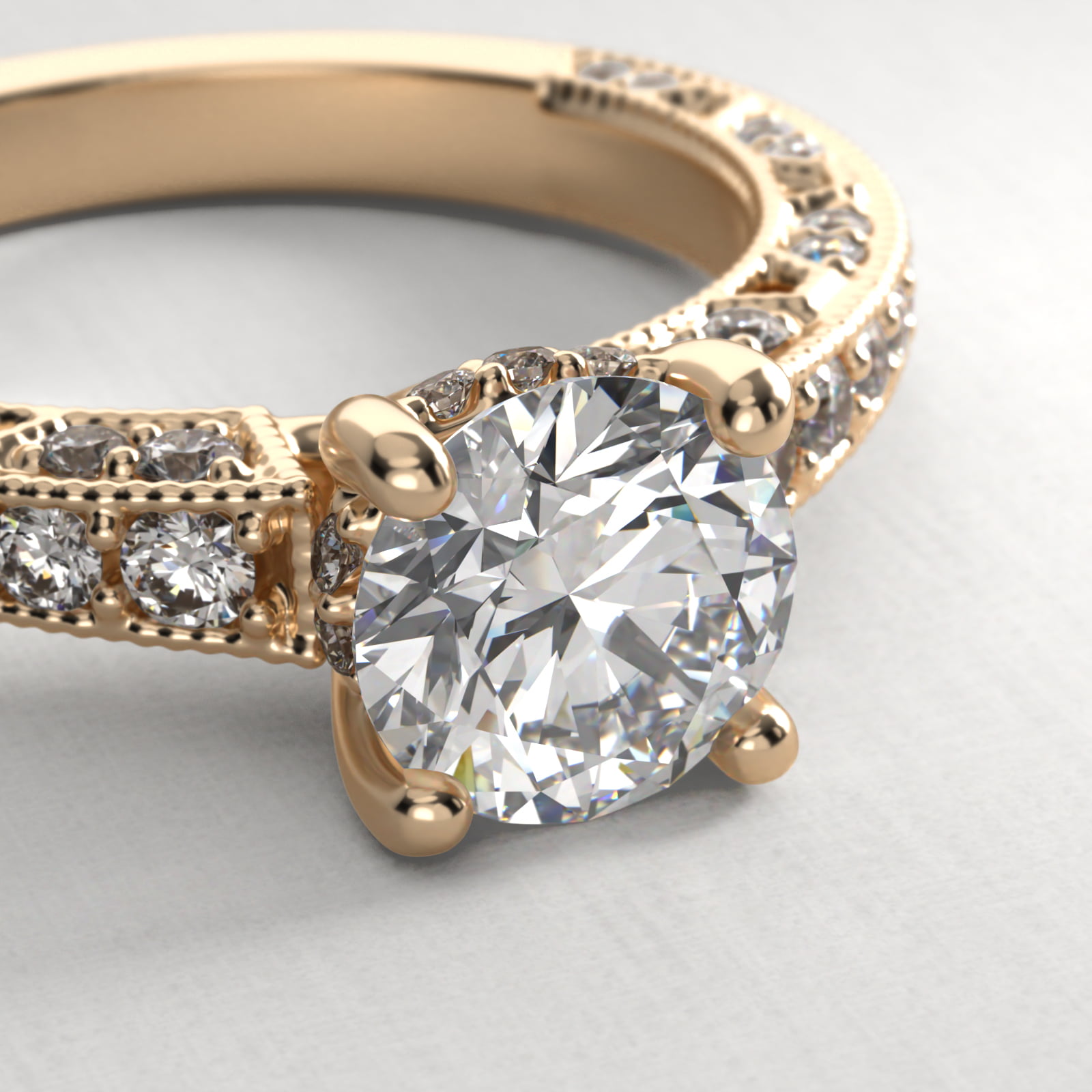 Milgrain Lace Pavé Vintage-Style Engagement Ring In 14K Yellow Gold